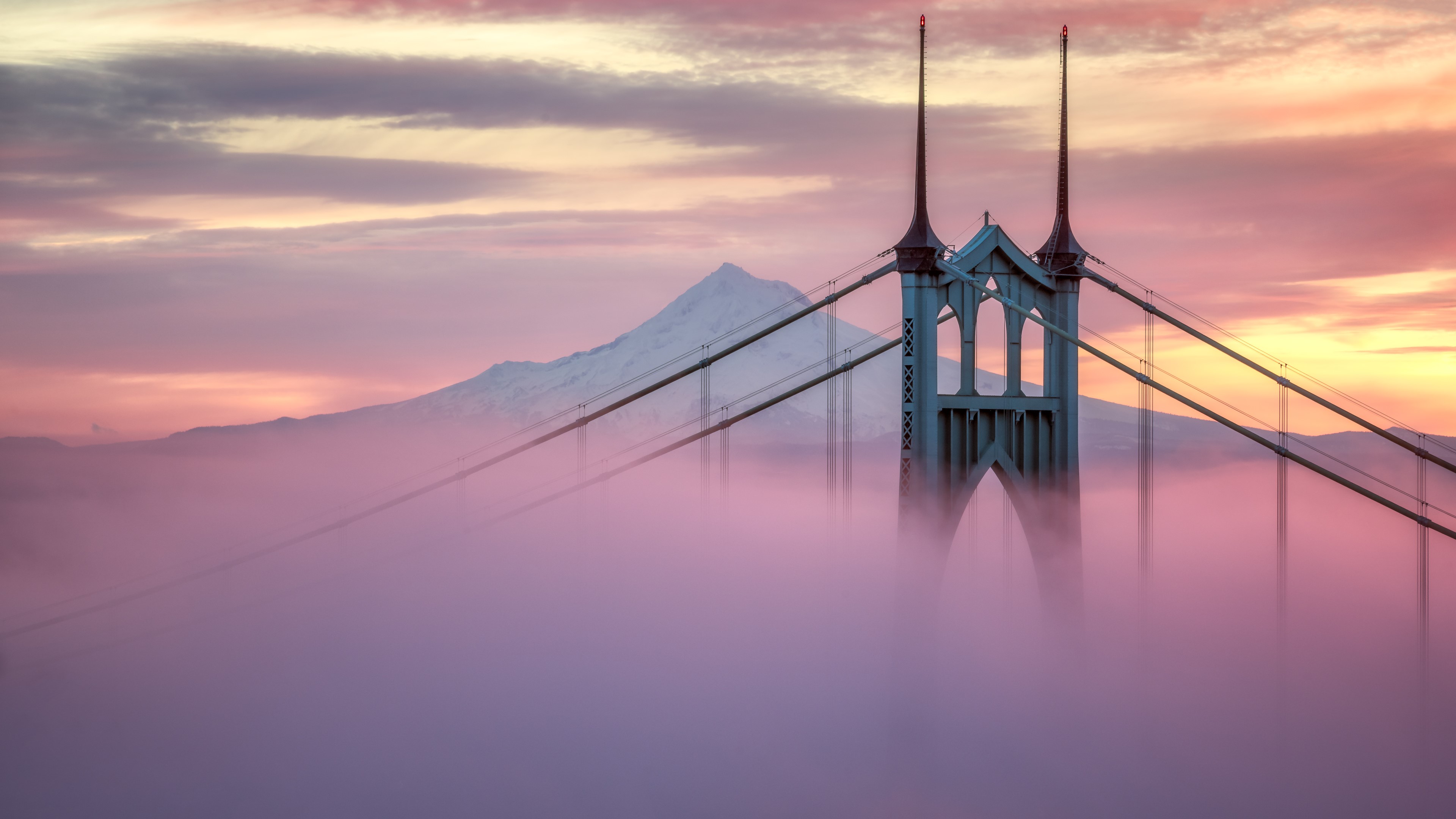 bridge, world, hd, 4k, clouds, fog, photography, pink, HD Wallpaper