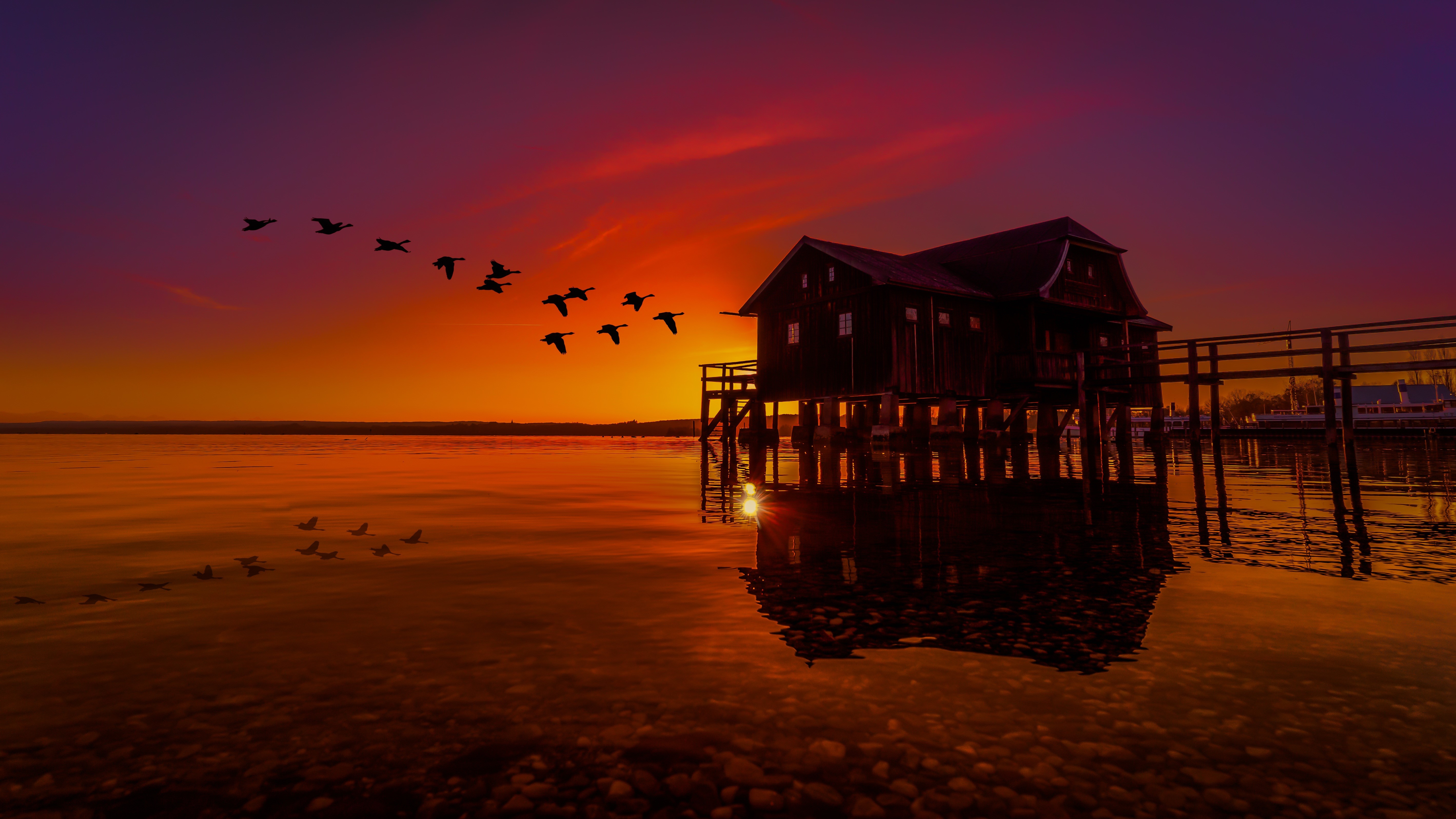 lake, house, nature, hd, pier, birds, sunset, 4k, 5k, HD Wallpaper