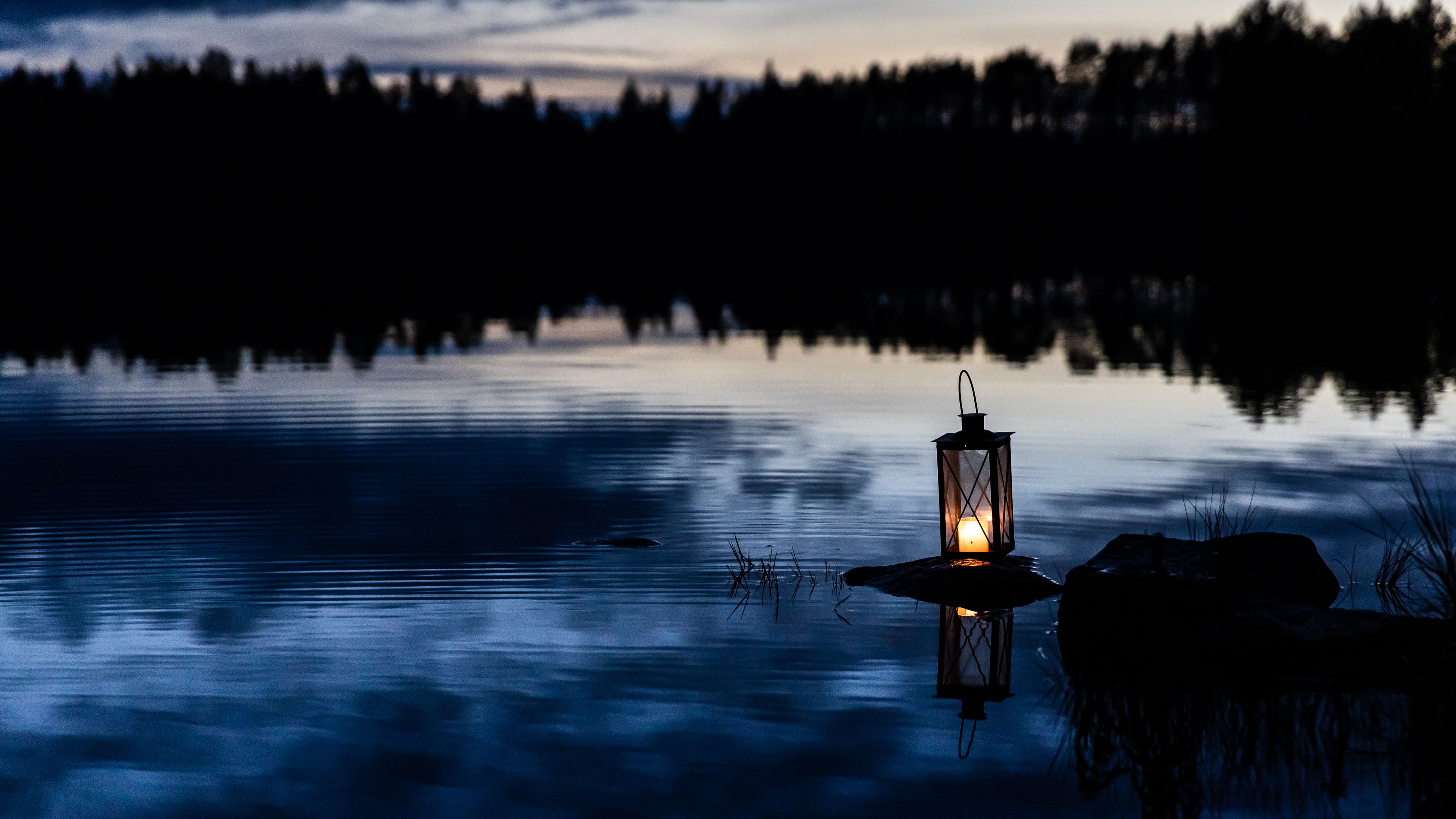 lantern, lake, water, stone, dark, 4k, HD Wallpaper