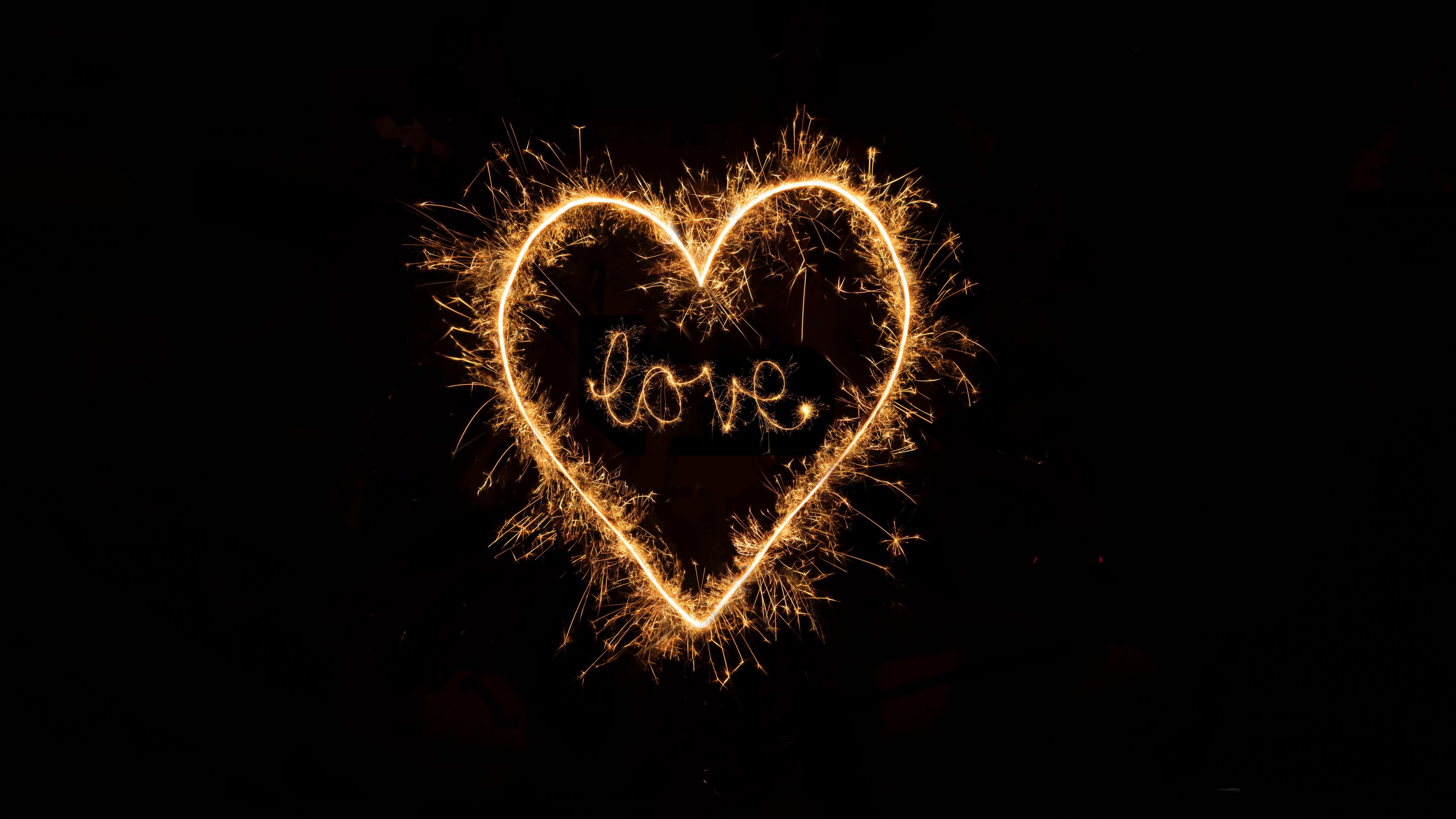 love, word, heart, sparks, light, 4k, HD Wallpaper