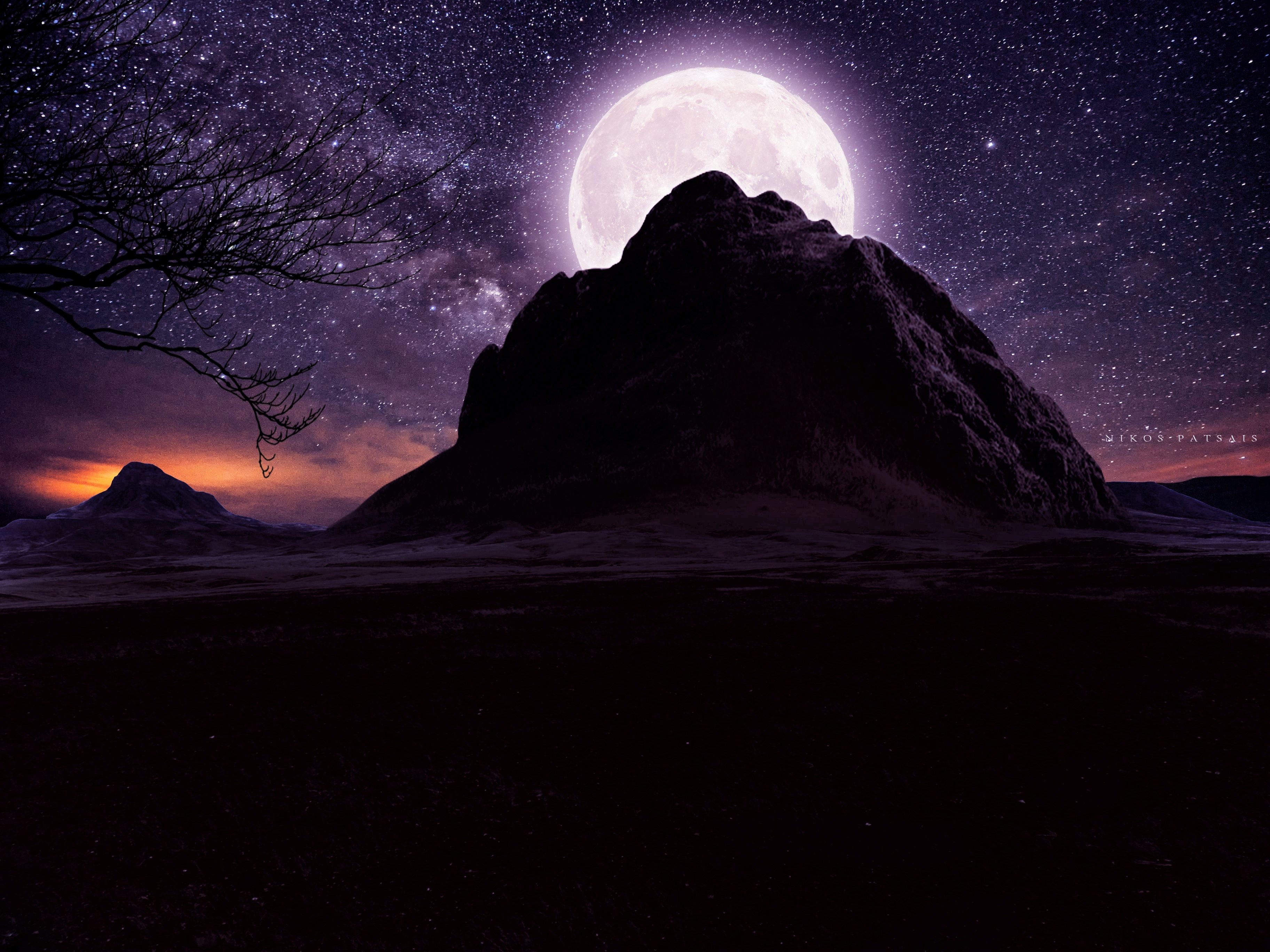mountains, moon, nature, hd, 4k, night, stars, deviantart, HD Wallpaper