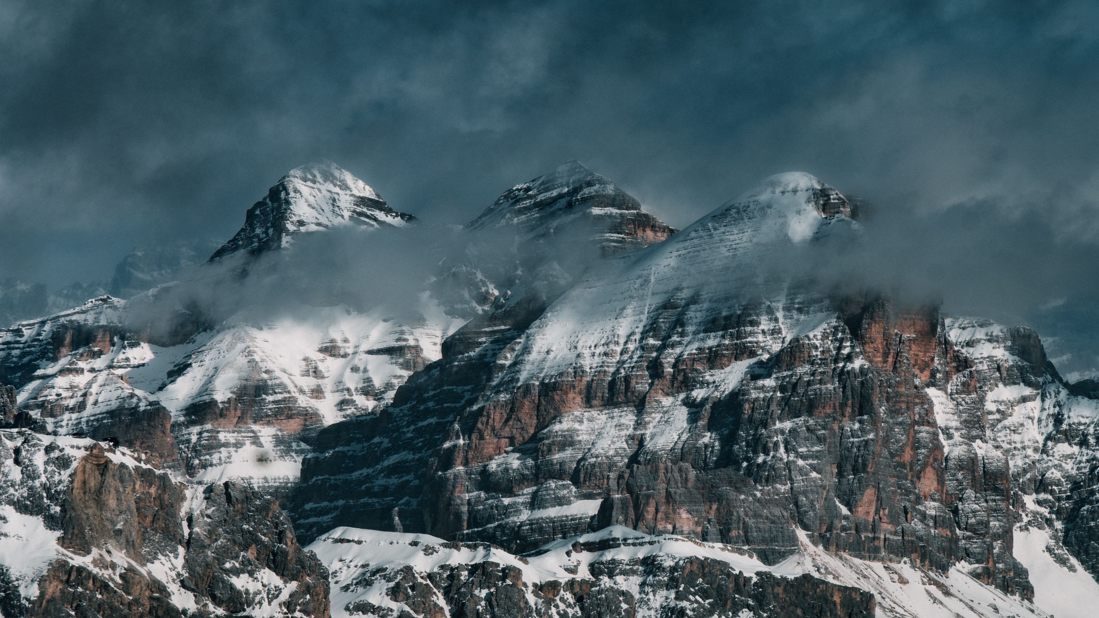 mountains, clouds, snow, landscape, 4k, HD Wallpaper