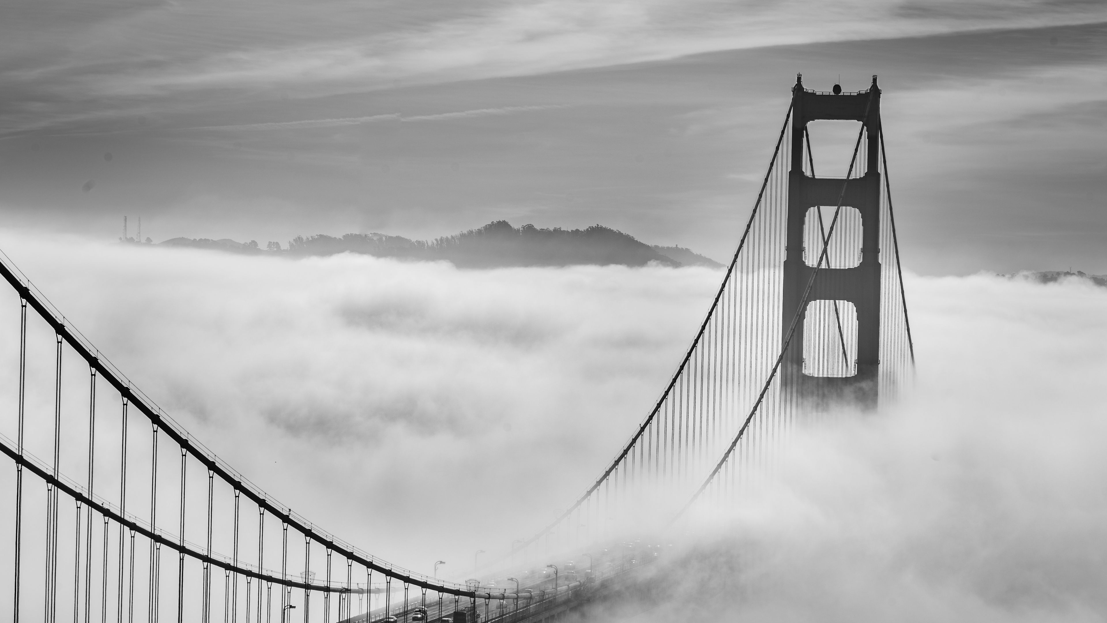bridge, clouds, fog, bw, 4k, HD Wallpaper