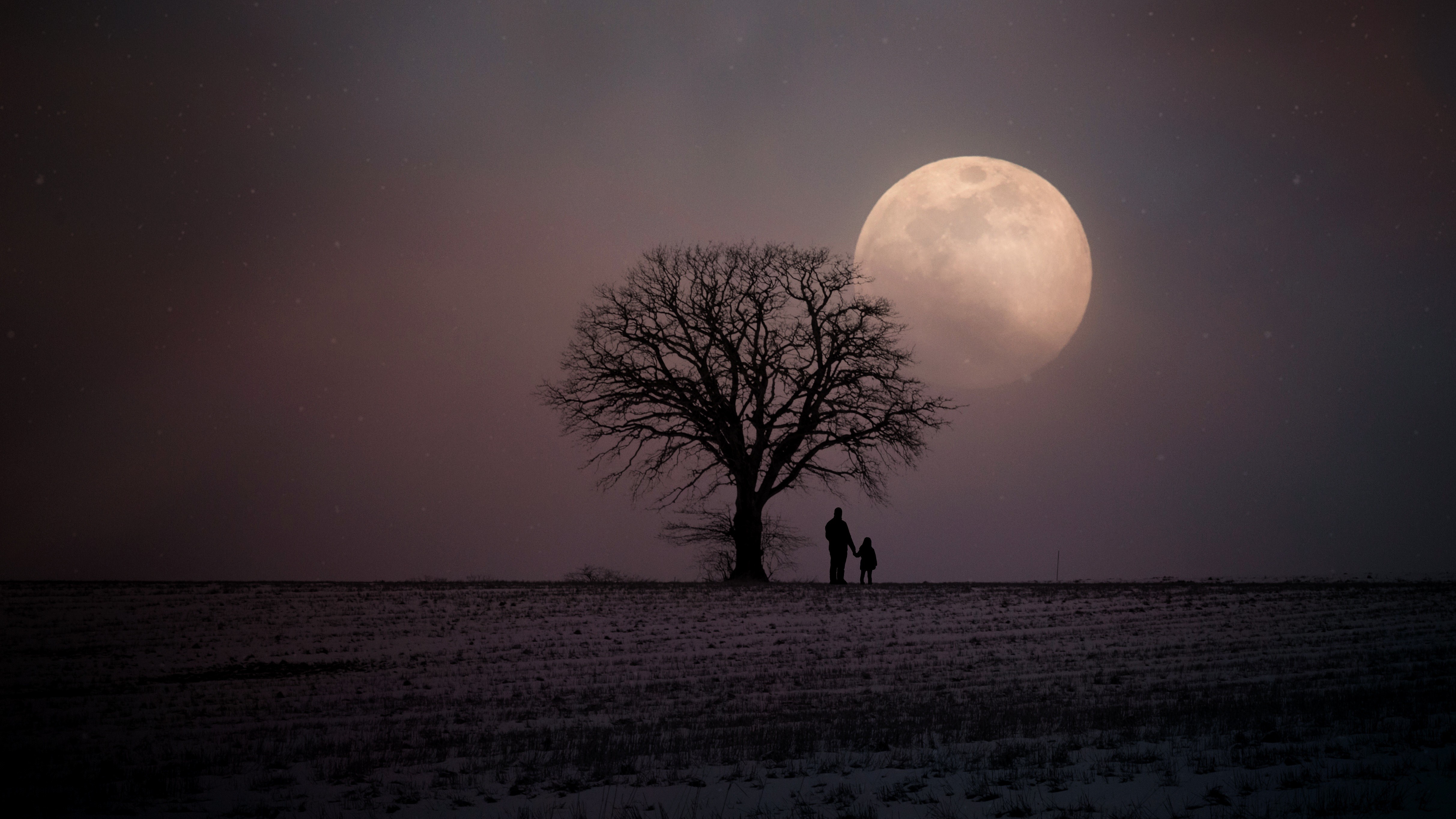 father, love, child, photography, trees, hd, moon, 4k, 5k, HD Wallpaper