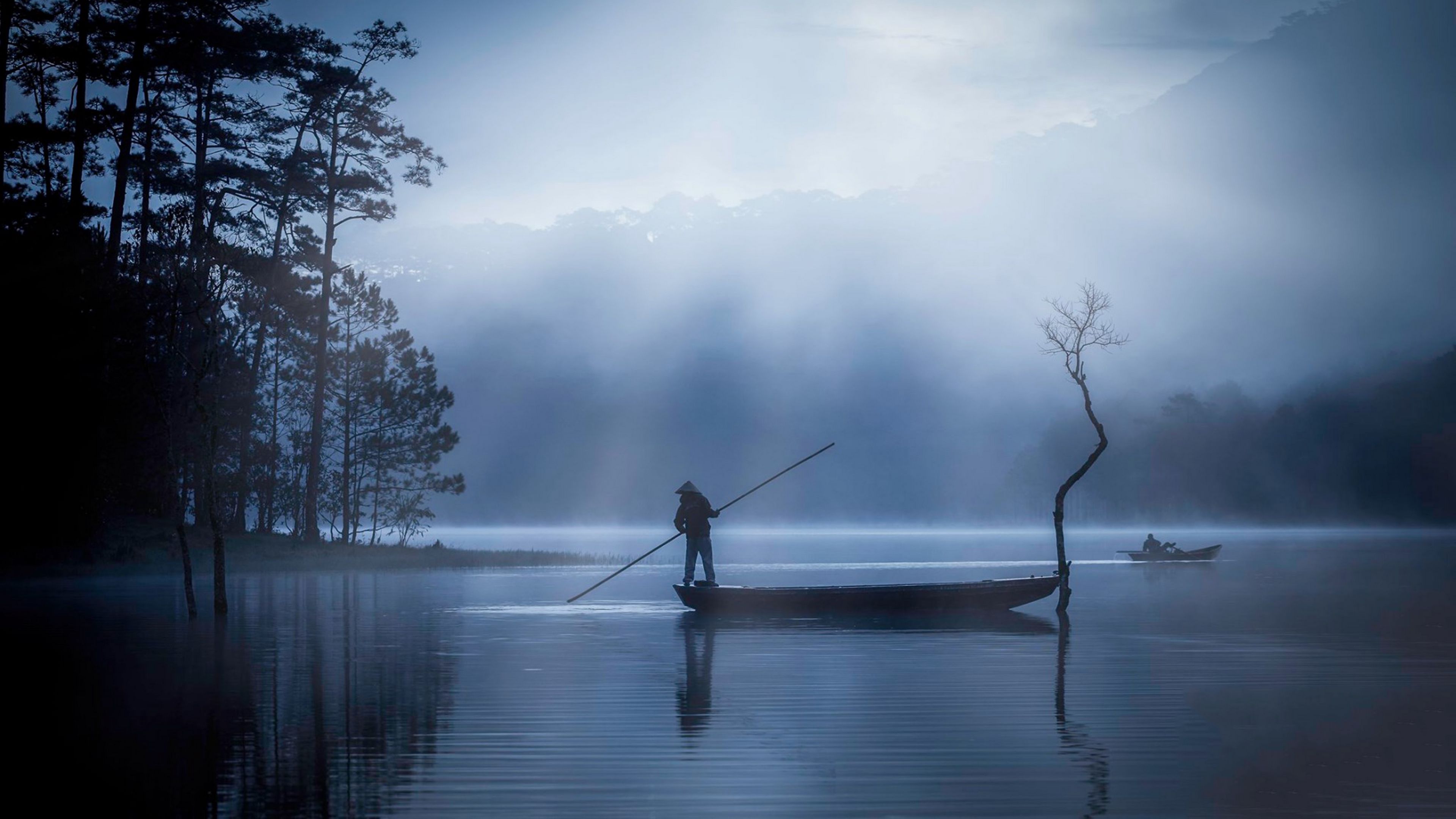man, boat, lake, fog, dusk, 4k, HD Wallpaper
