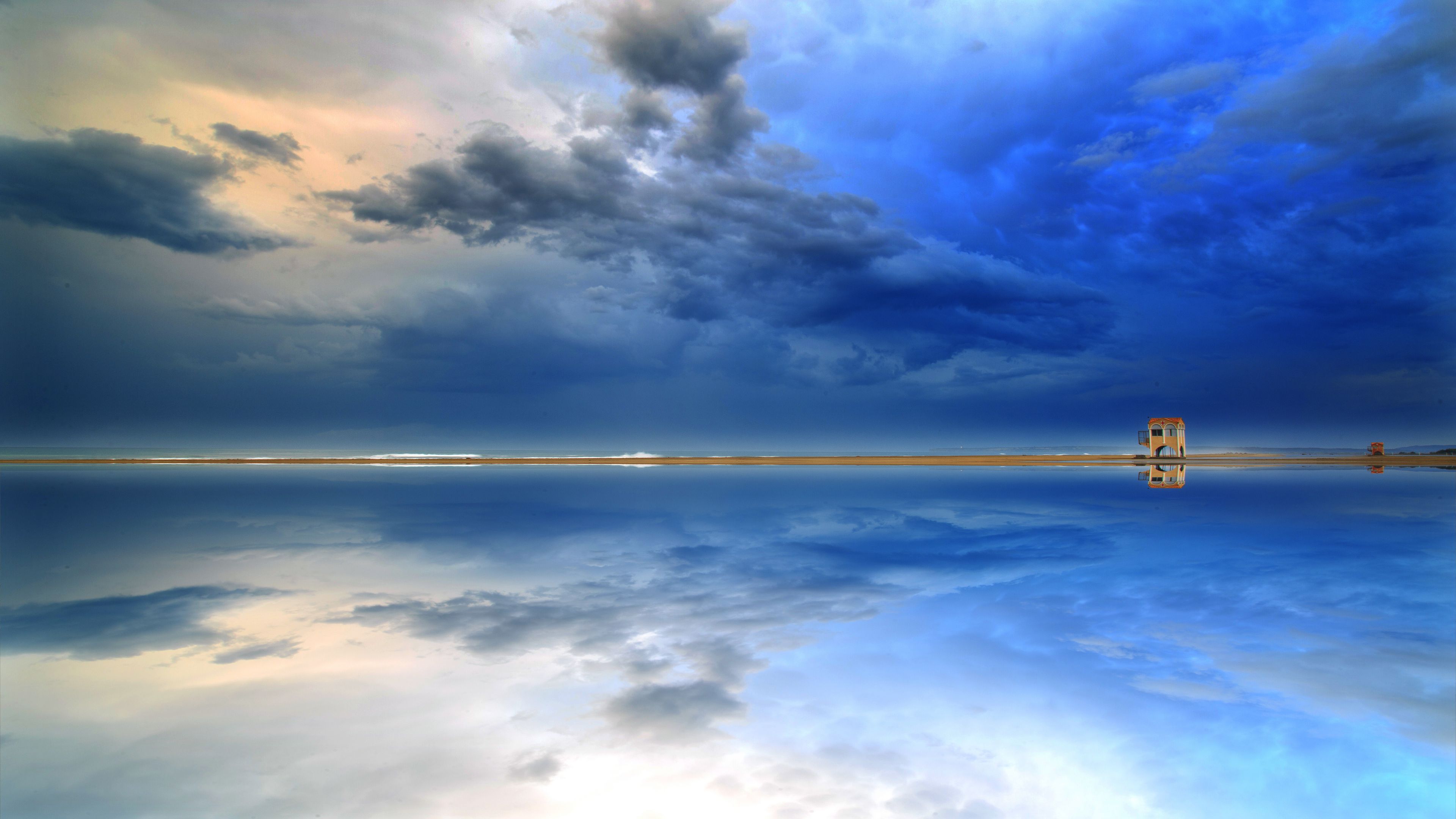 shore, water, clouds, reflection, landscape, 4k, HD Wallpaper