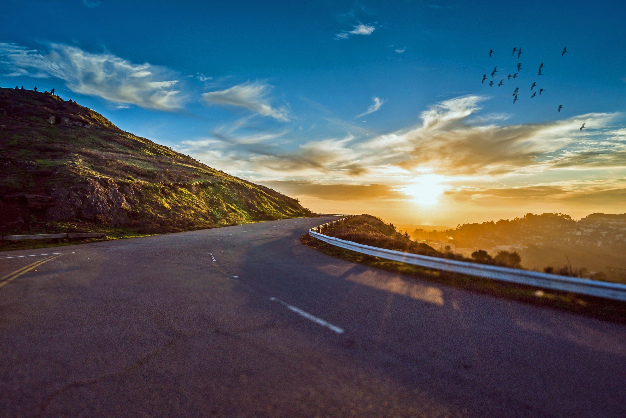 mountains, road, nature, birds, flying, hd, HD Wallpaper