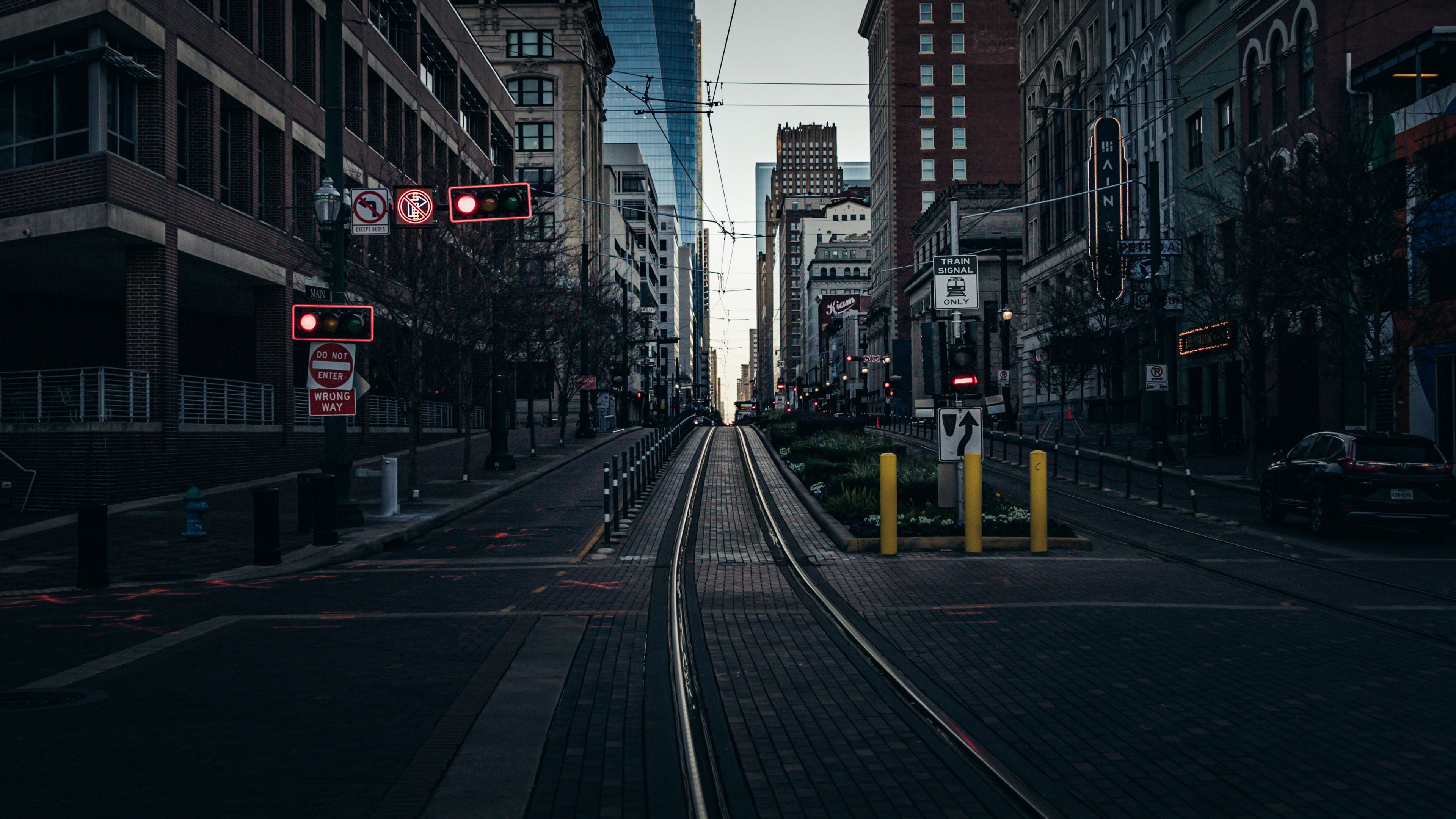 city, street, road, rails, buildings, 4k, HD Wallpaper