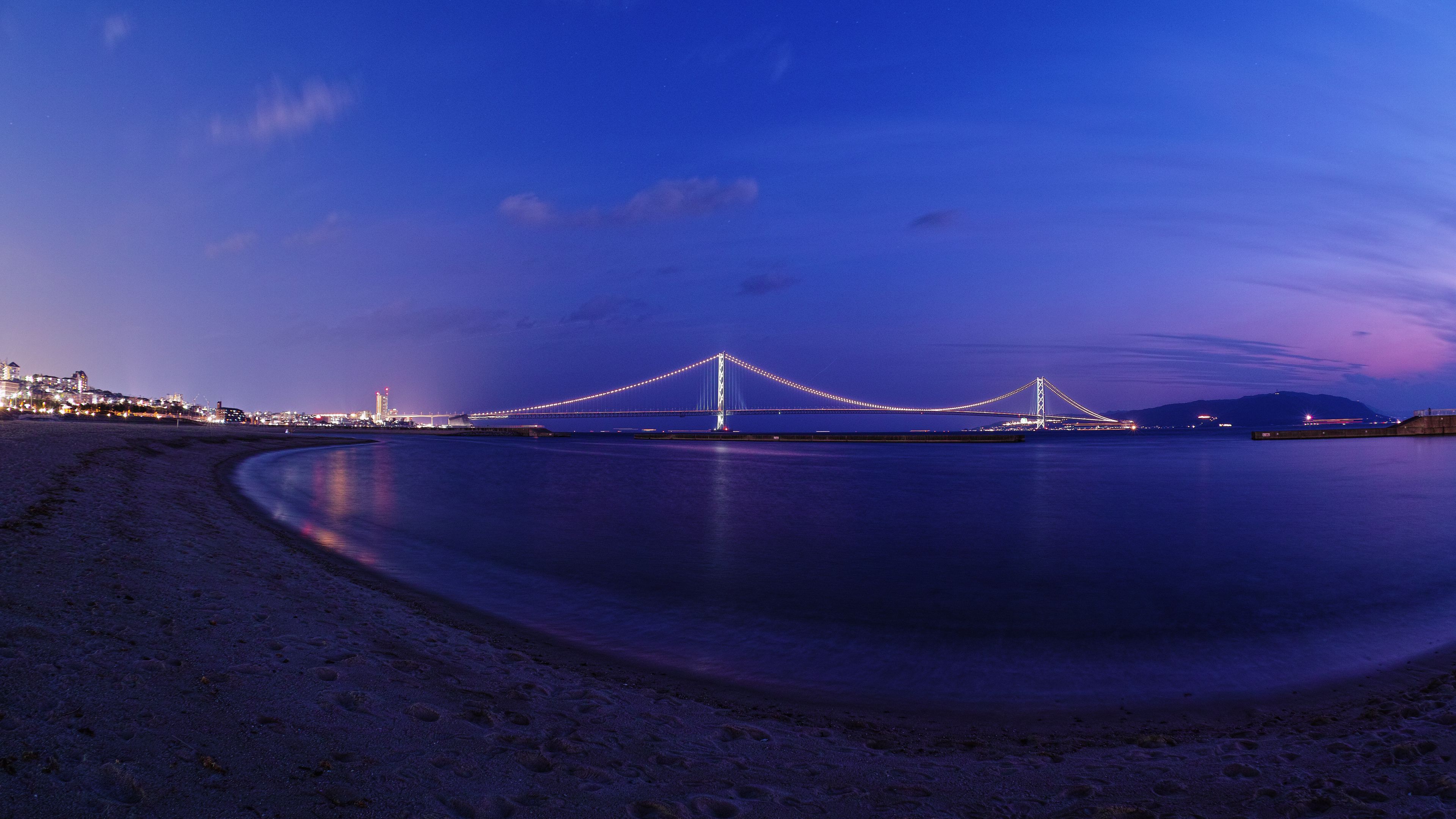 beach, bay, bridge, city, night, 4k, HD Wallpaper