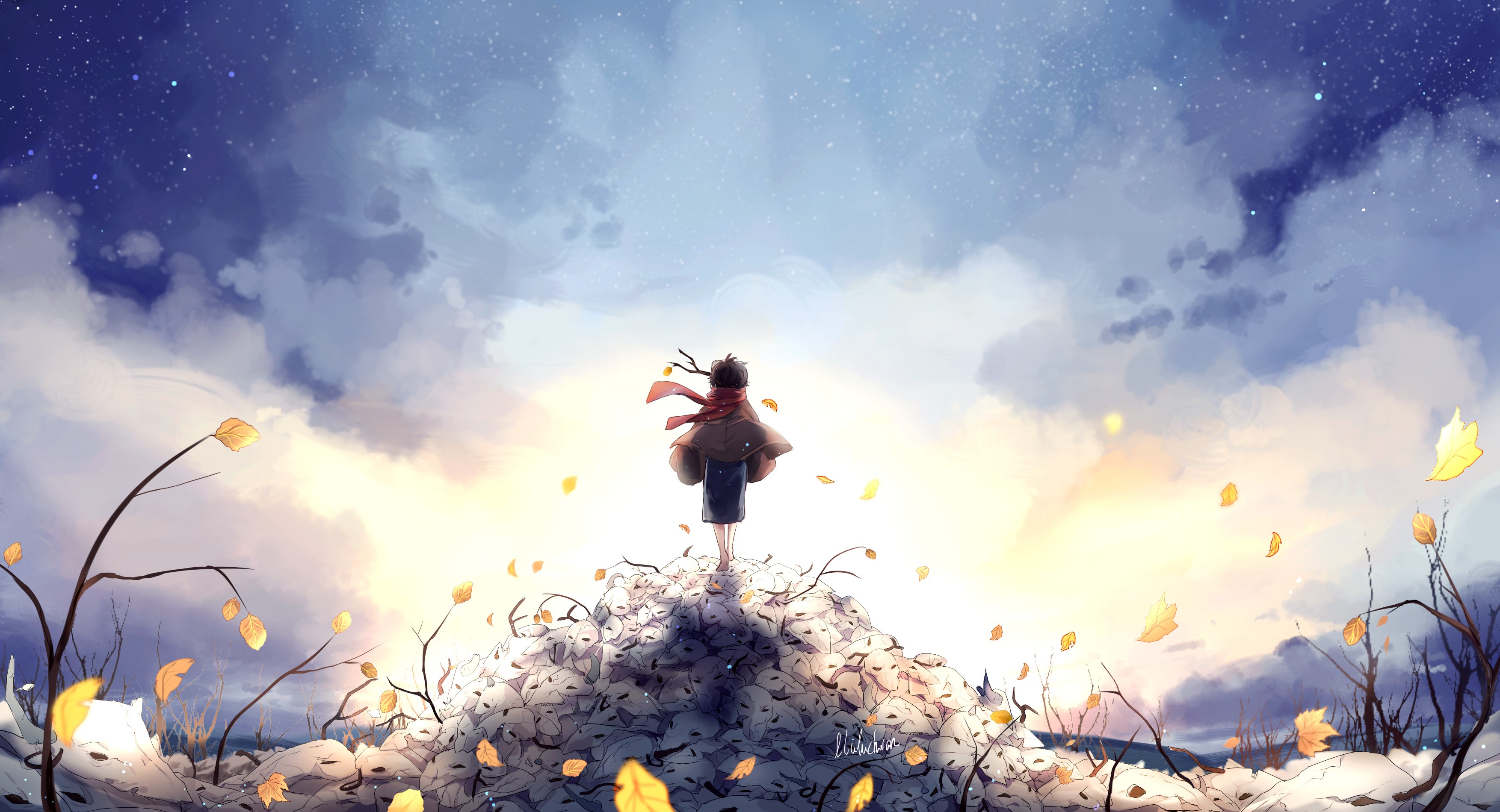 artist, artwork, digital art, hd, 4k, leaves, autumn, clouds, deviantart, HD Wallpaper