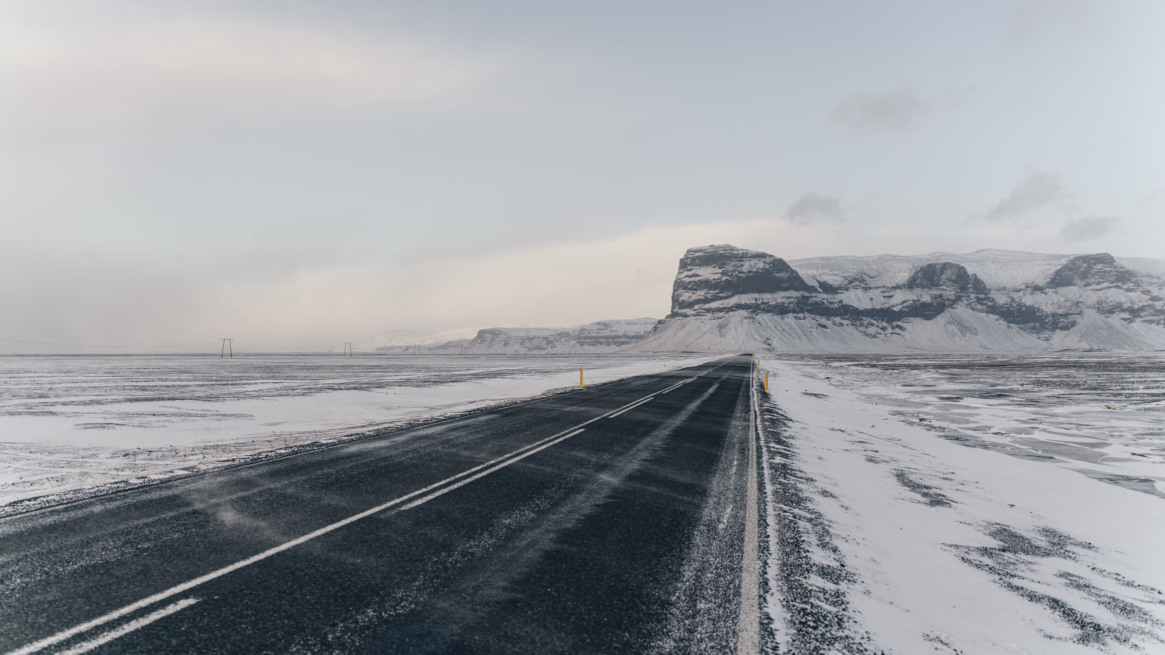 road, snow, mountains, winter, landscape, 4k, HD Wallpaper
