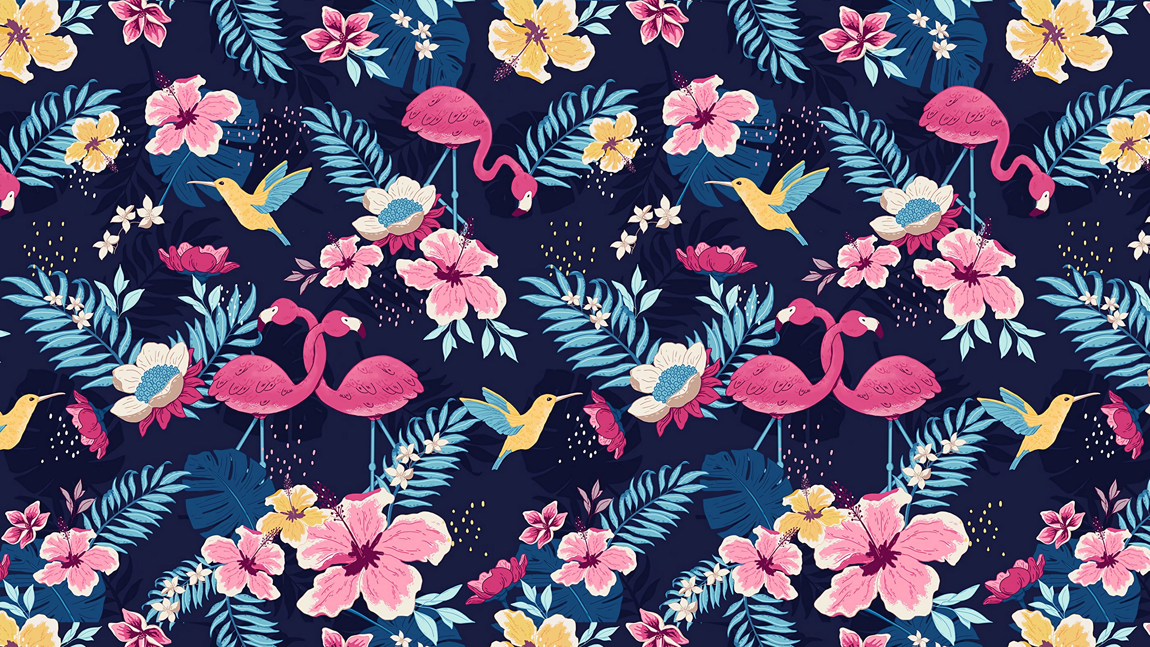 pattern, flowers, birds, art, 4k, HD Wallpaper