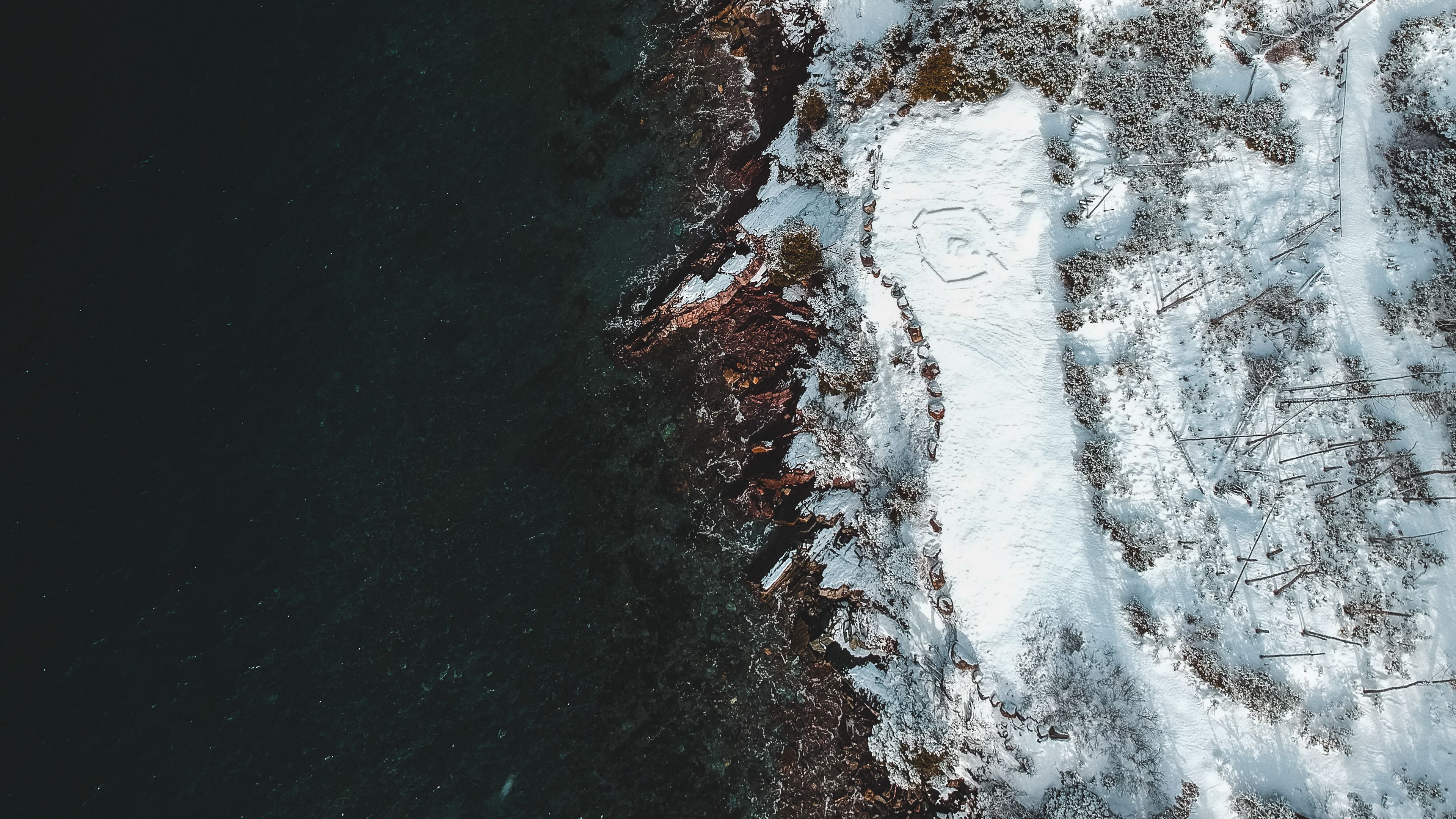 sea, coast, aerial view, snow, winter, 4k, HD Wallpaper