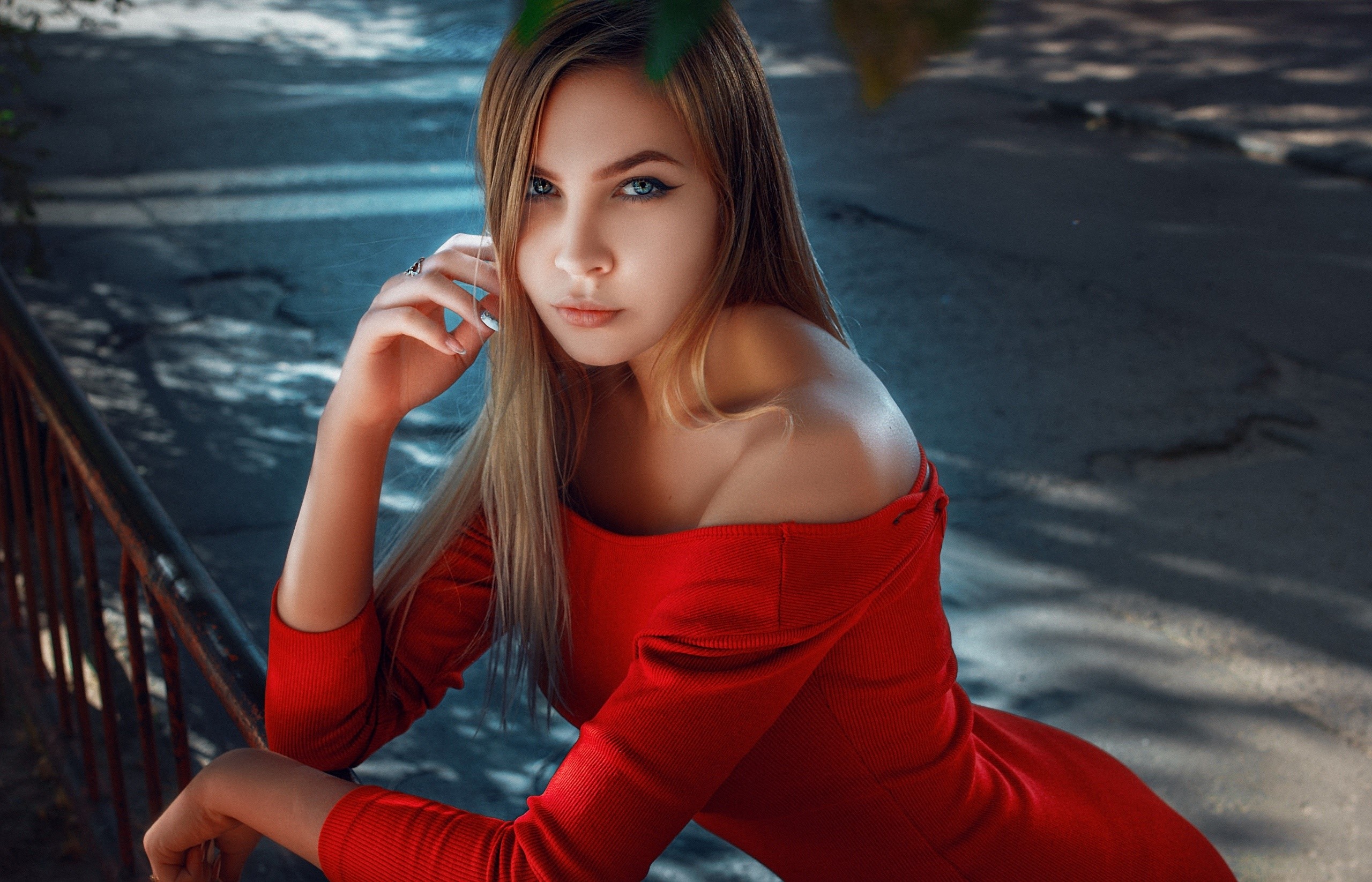 girls, blonde, hd, red, dress, HD Wallpaper