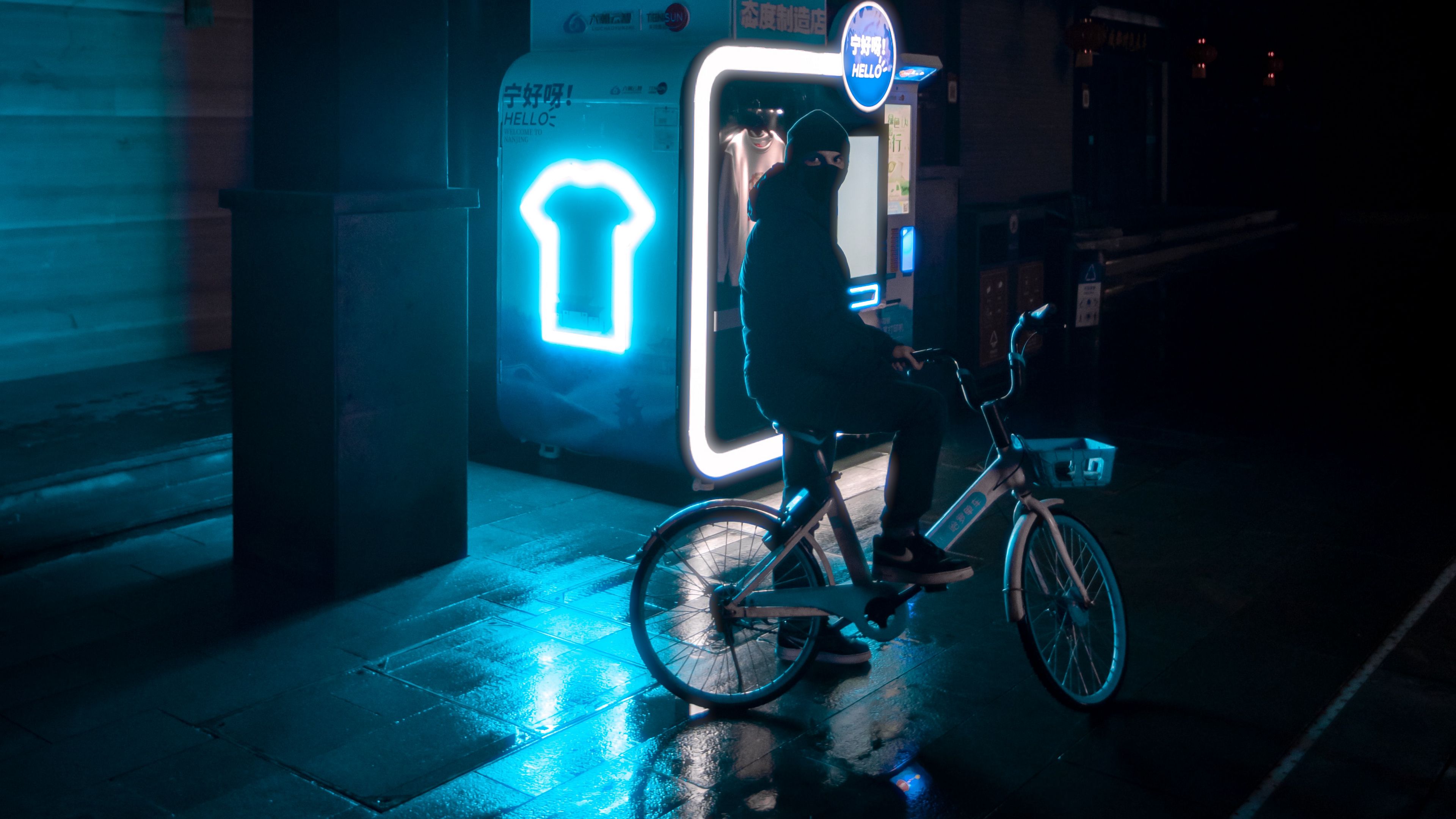 man, bicycle, city, street, dark, 4k, HD Wallpaper