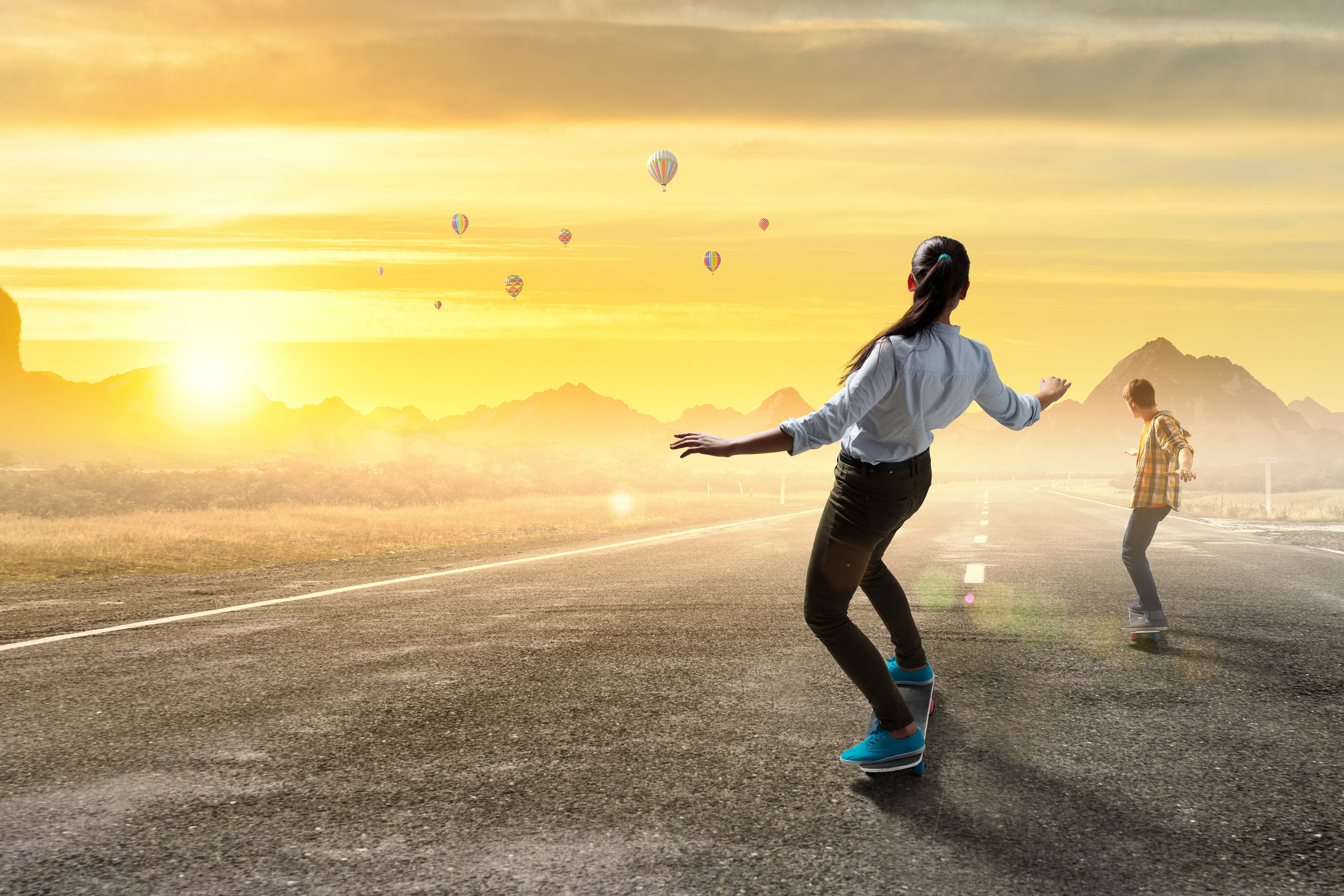 skateboard, boy, girl, sunrise, road, hd, 4k, airballons, air balloon, HD Wallpaper