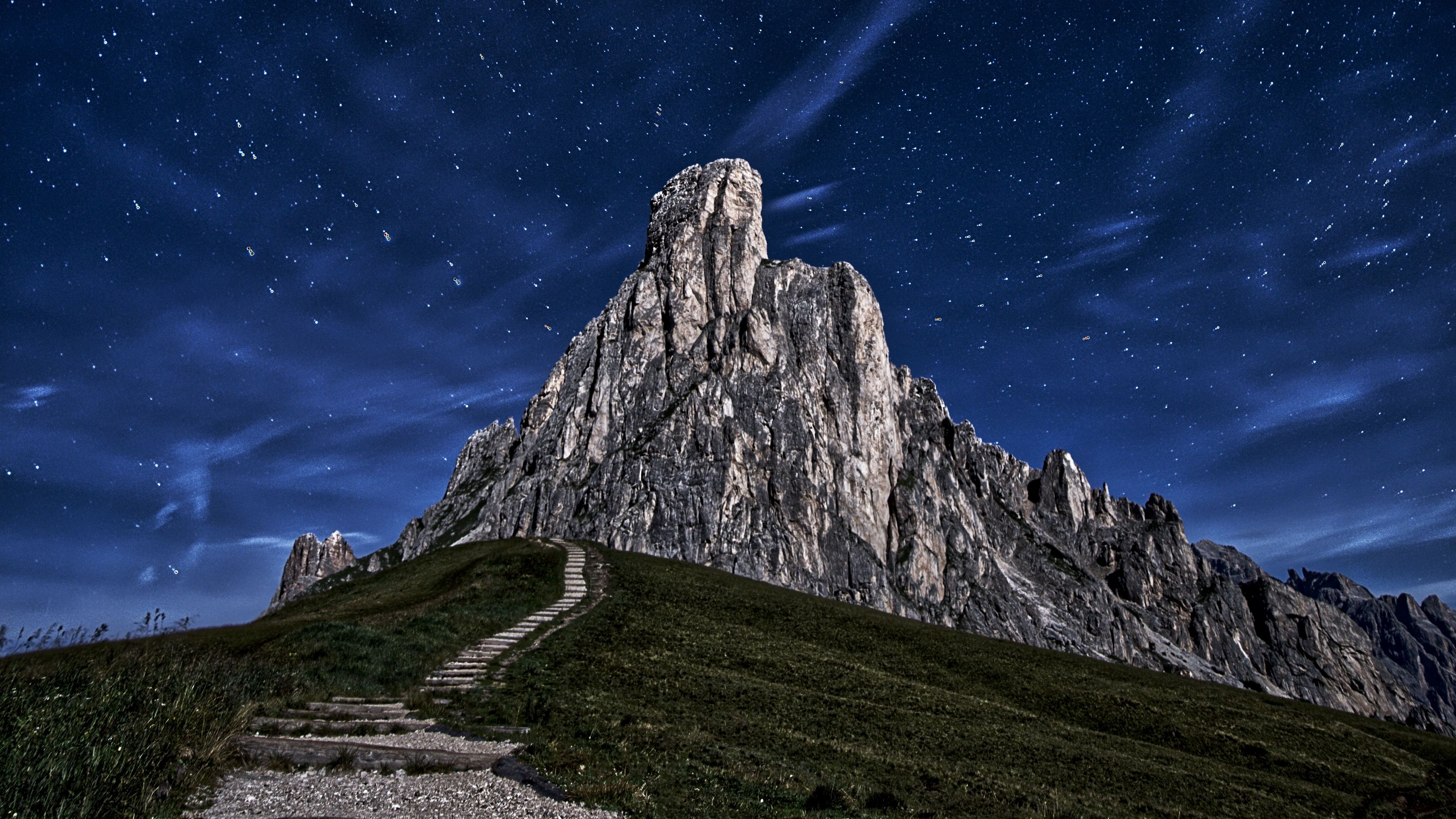 mountain, rock, path, night, starry sky, 4k, HD Wallpaper