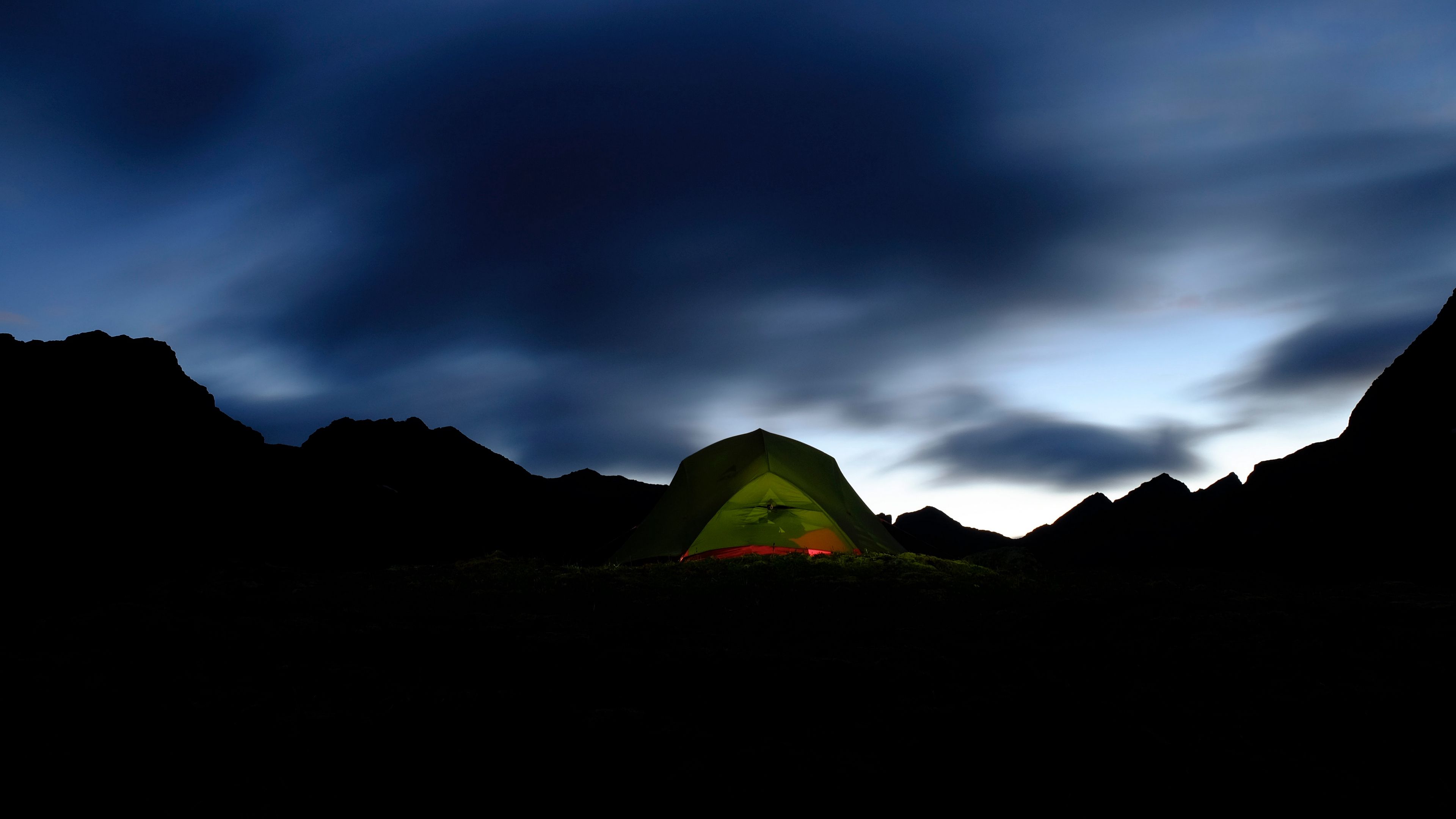 tent, dark, camping, mountains, night, 4k, HD Wallpaper