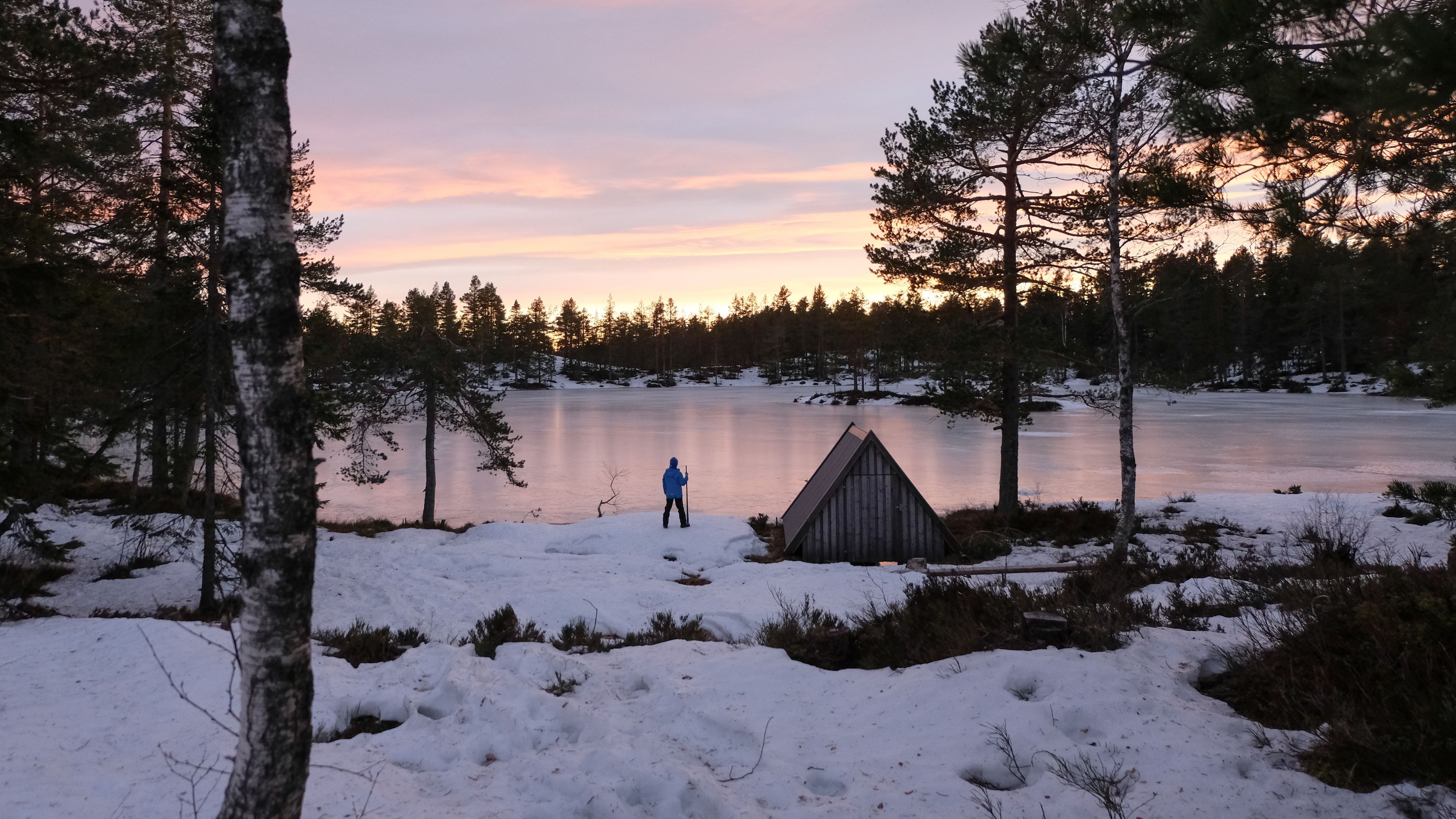 lake, shore, snow, nature, man, 4k, HD Wallpaper