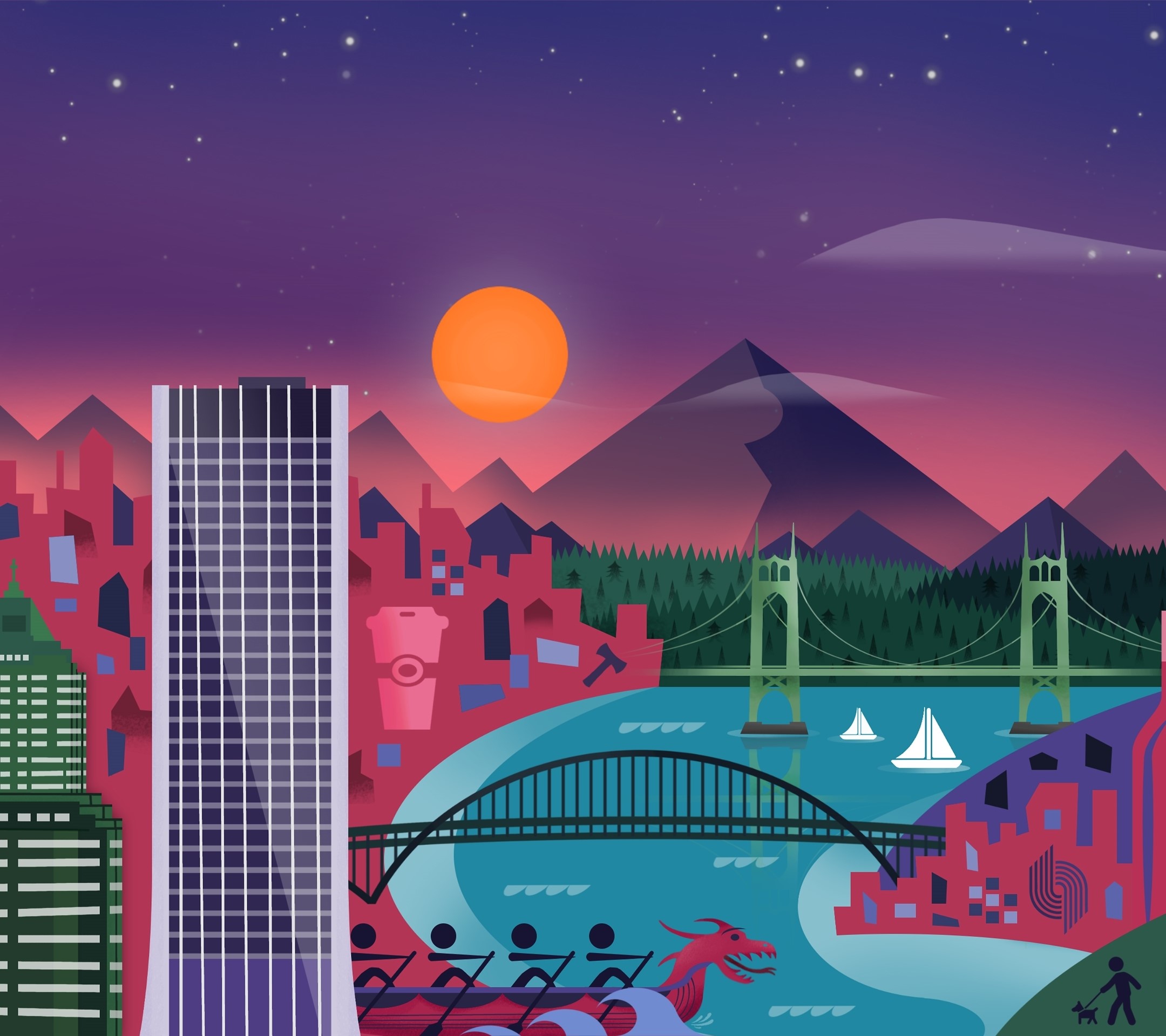 minimalism, city, artist, digital art, hd, mountains, buildings, sunset, material, design, HD Wallpaper