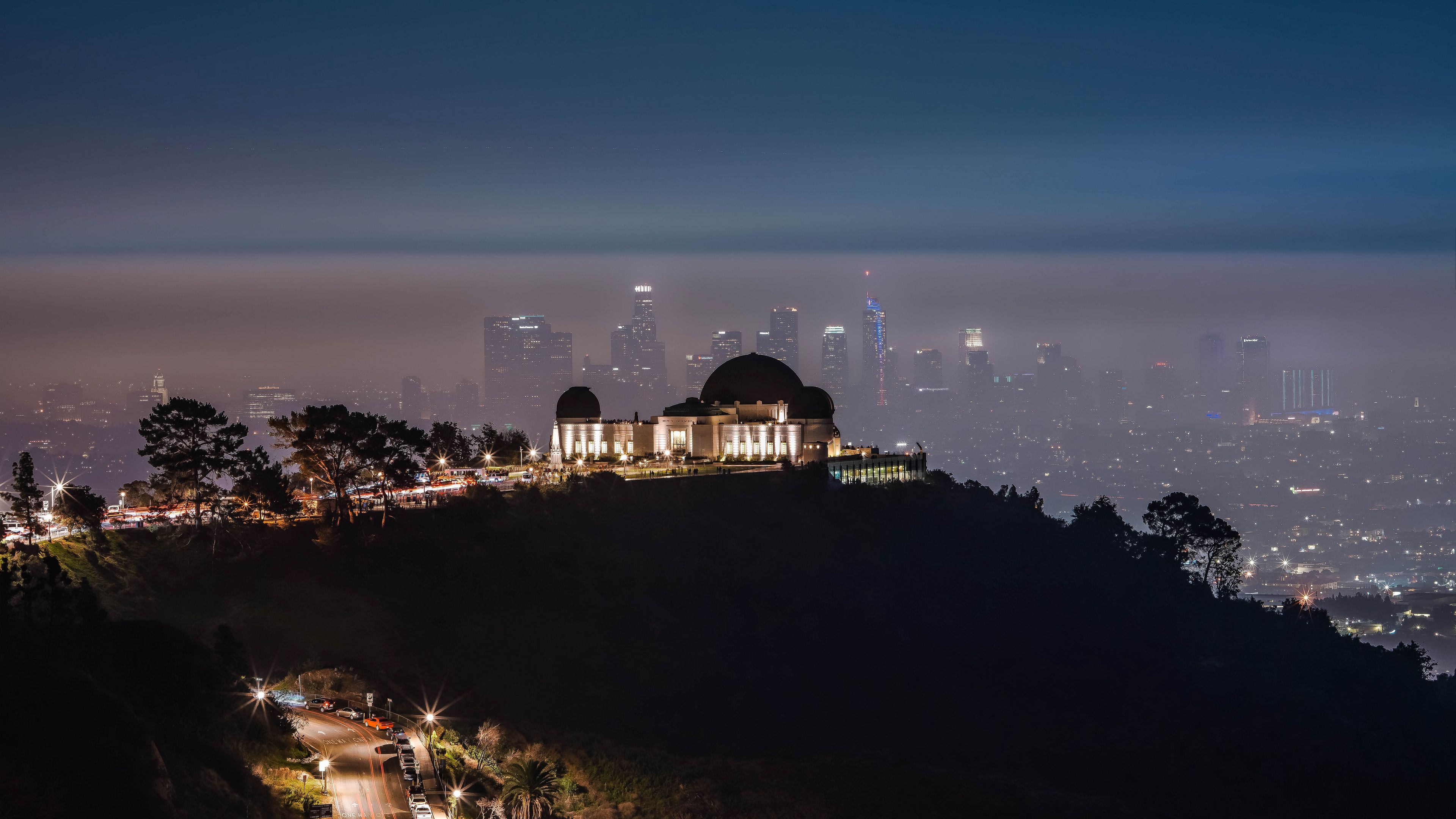 city, buildings, aerial view, night, fog, 4k, HD Wallpaper