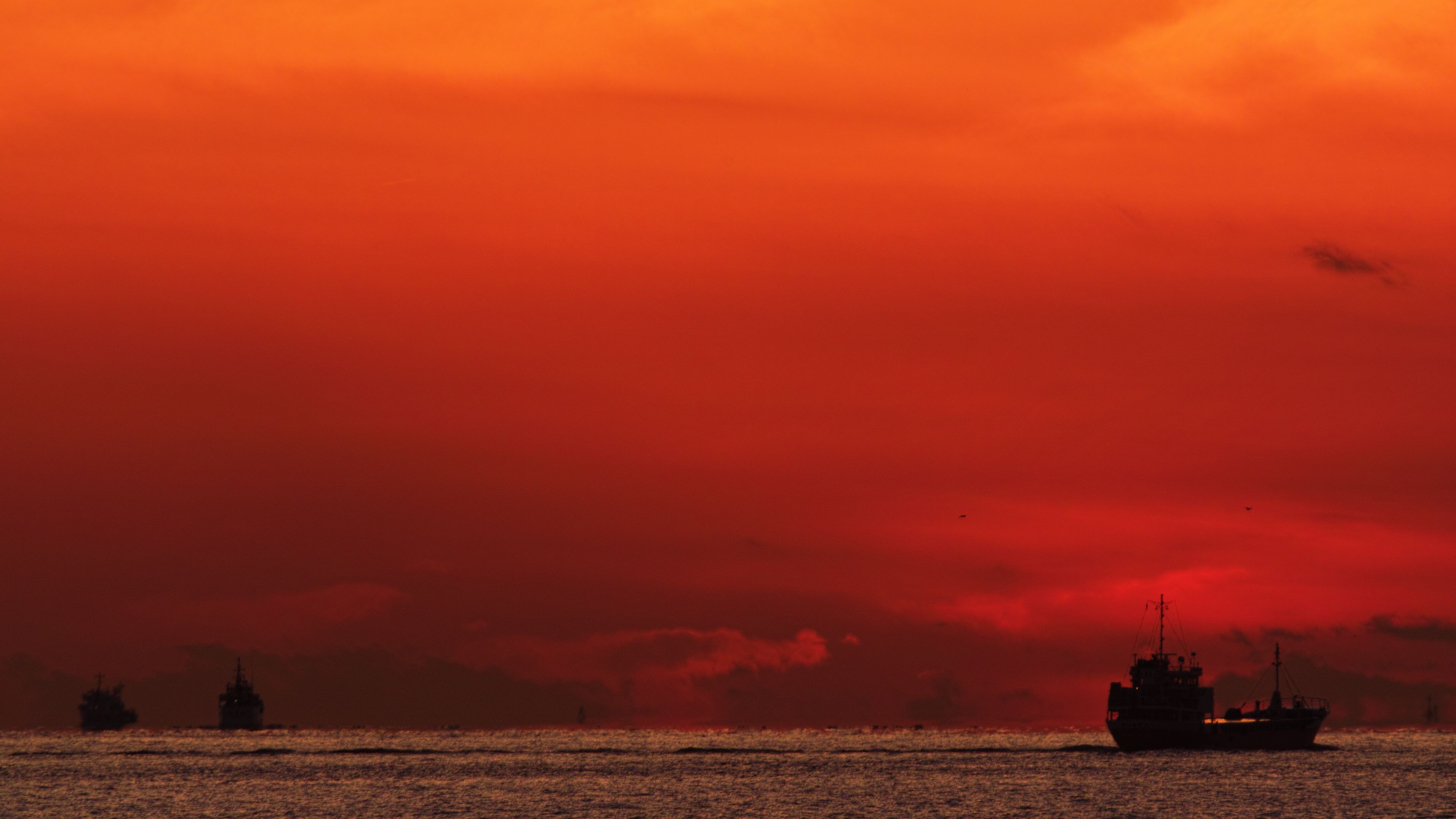 sea, sunset, ship, dark, dusk, 4k, HD Wallpaper