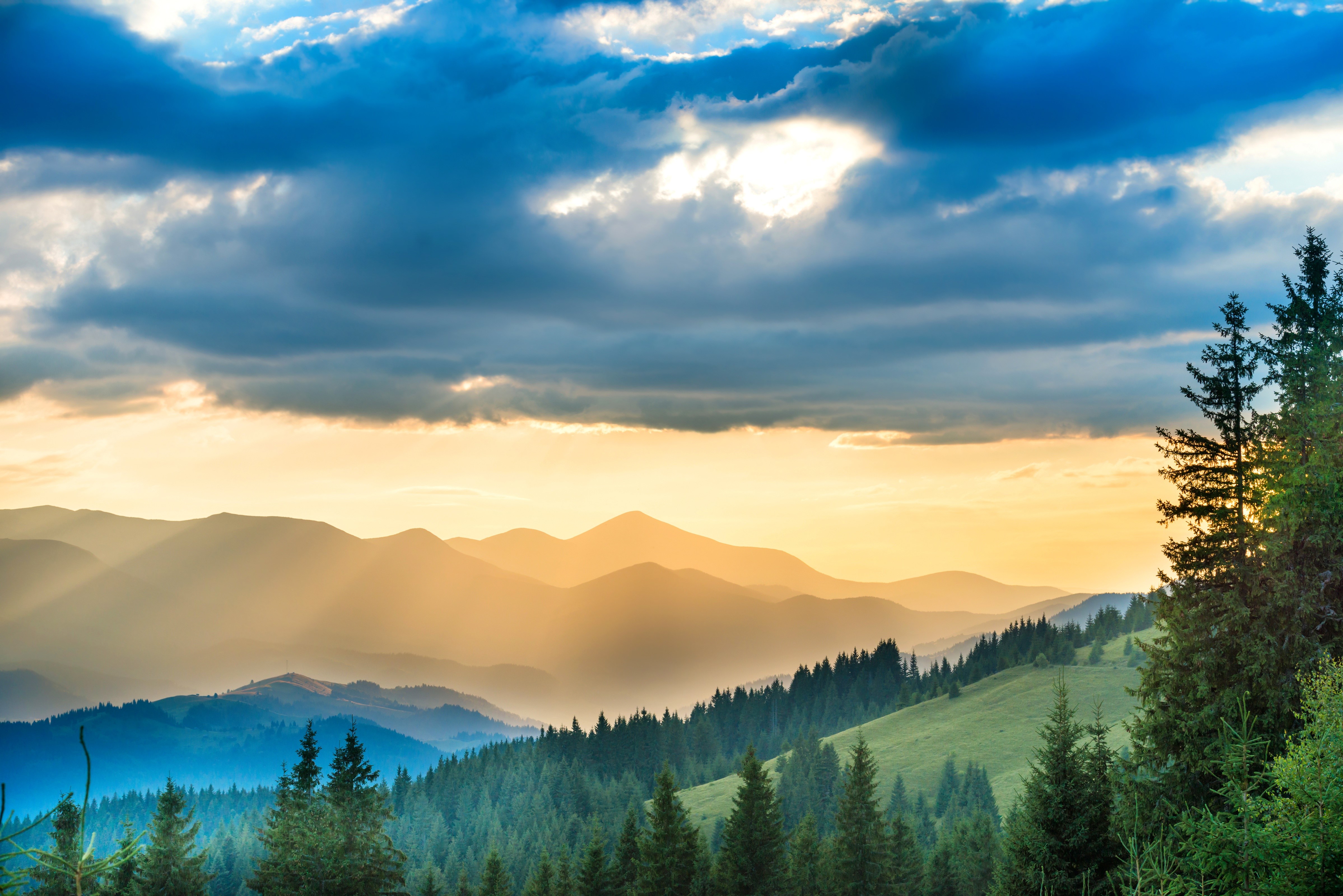 landscape, mountains, nature, hd, sunbeam, 4k, 5k, hd, clouds, HD Wallpaper