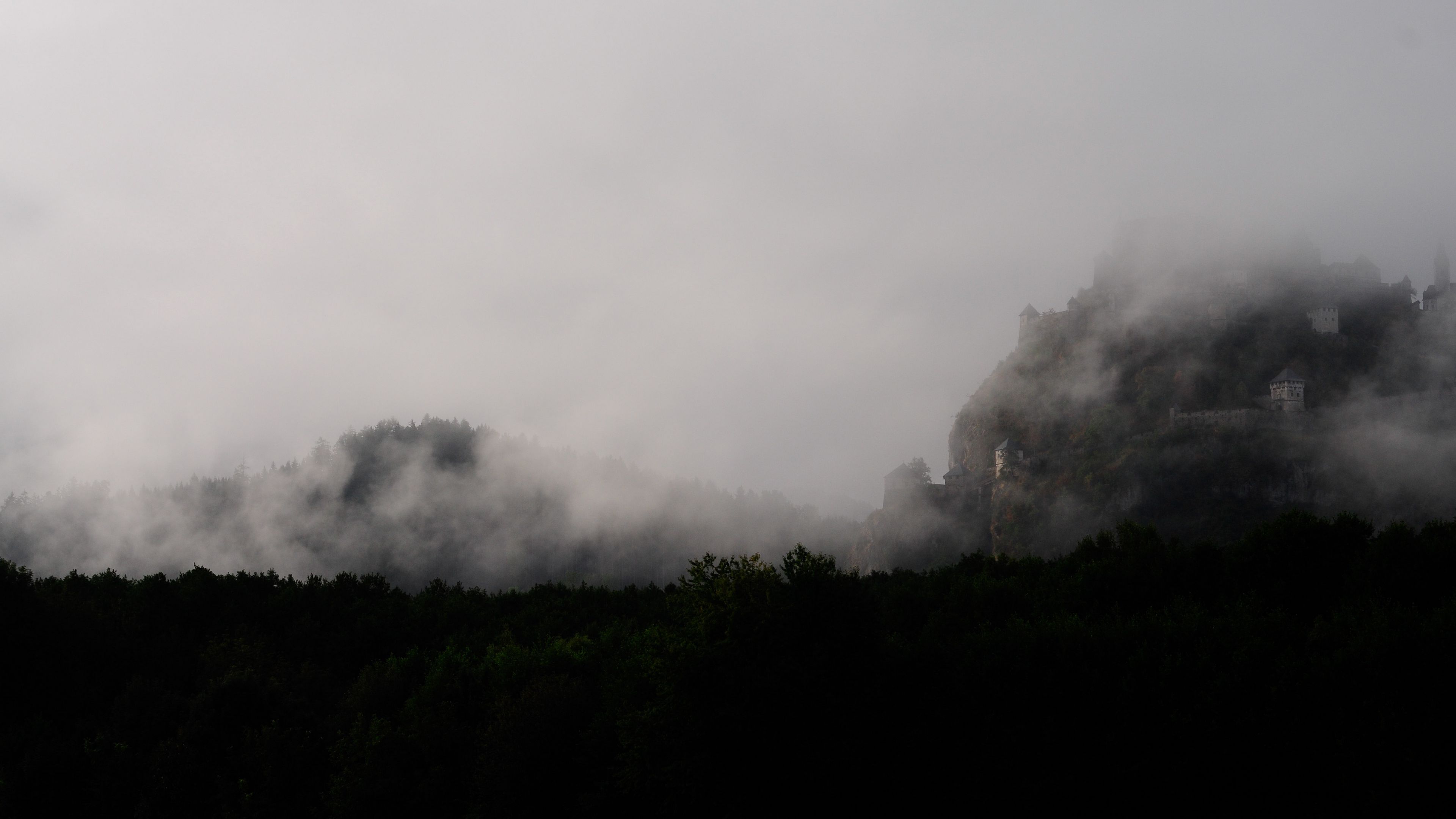 mountain, fortress, fog, forest, nature, 4k, HD Wallpaper