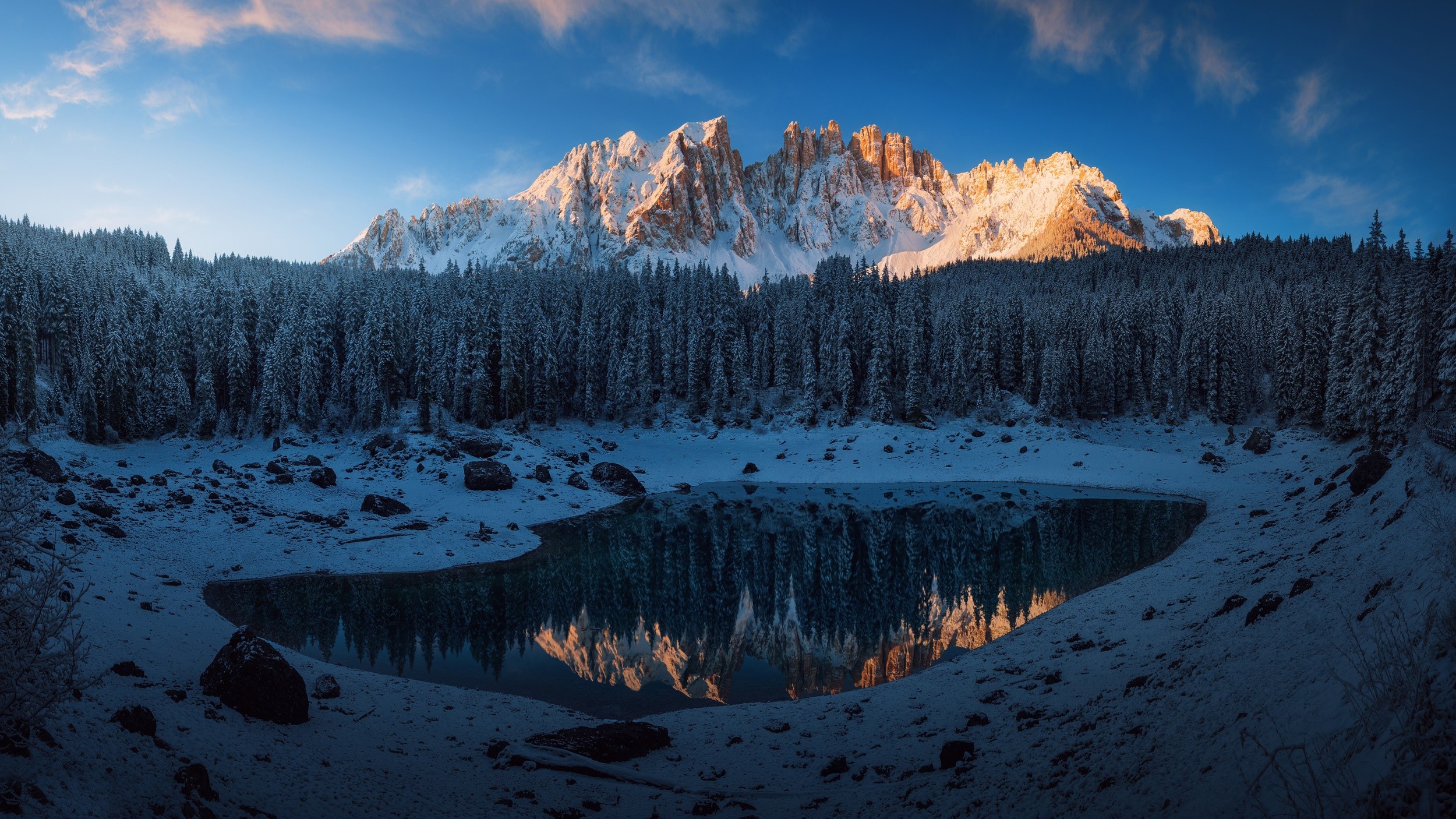forest, lake, mountains, nature, snow, hd, HD Wallpaper