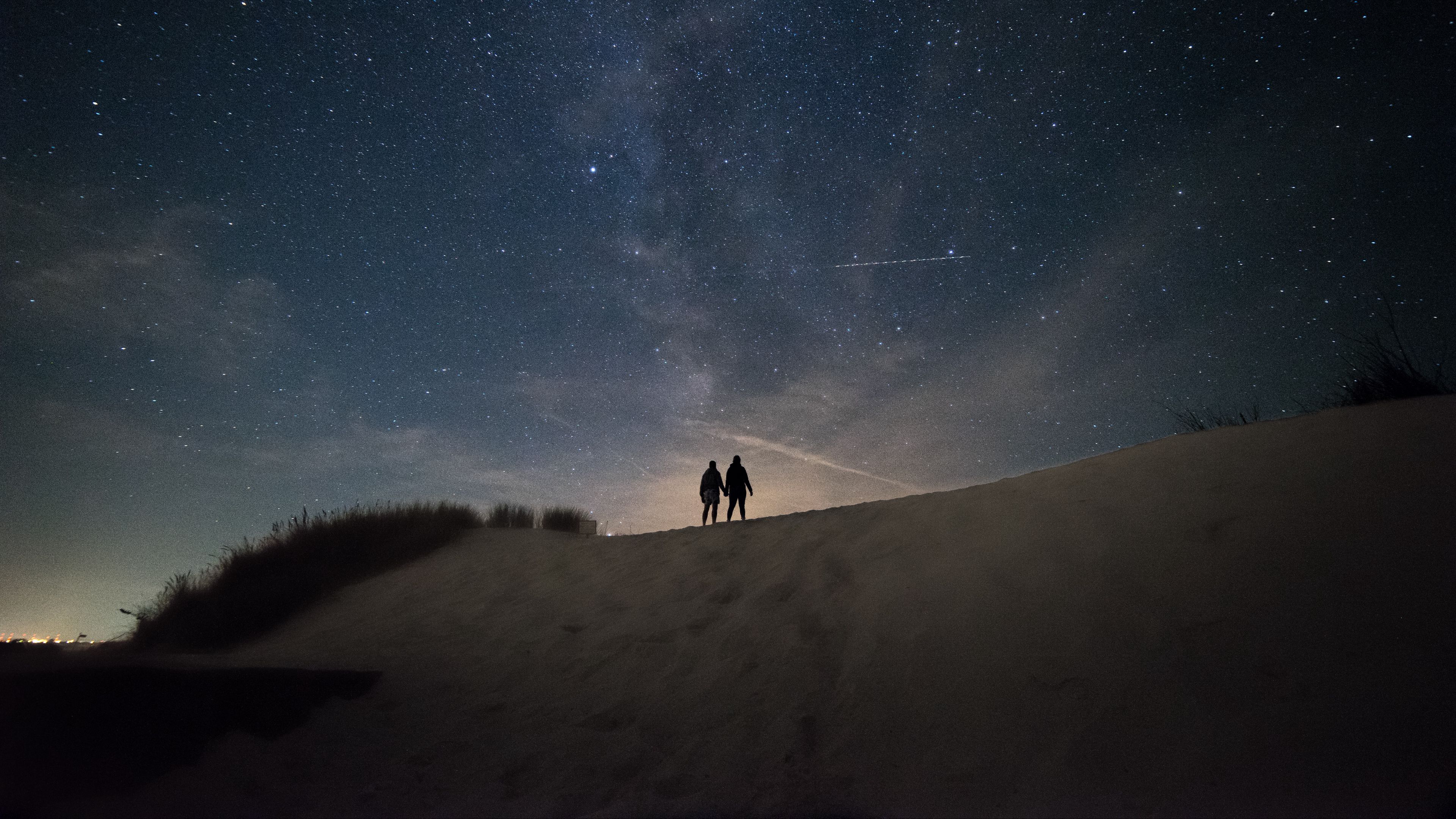 silhouettes, dark, night, hill, starry sky, 4k, HD Wallpaper