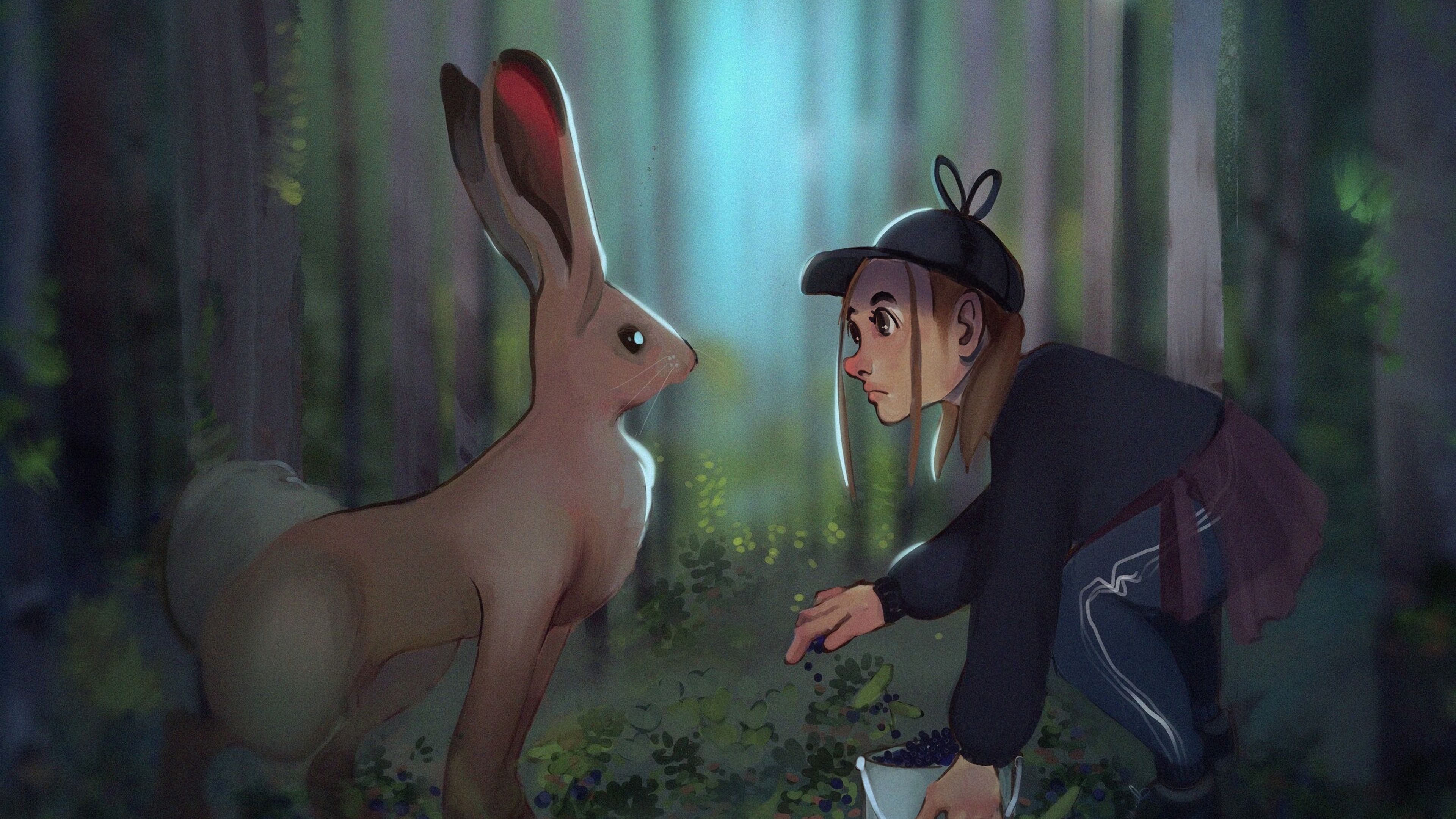girl, hare, meeting, forest, art, 4k, HD Wallpaper
