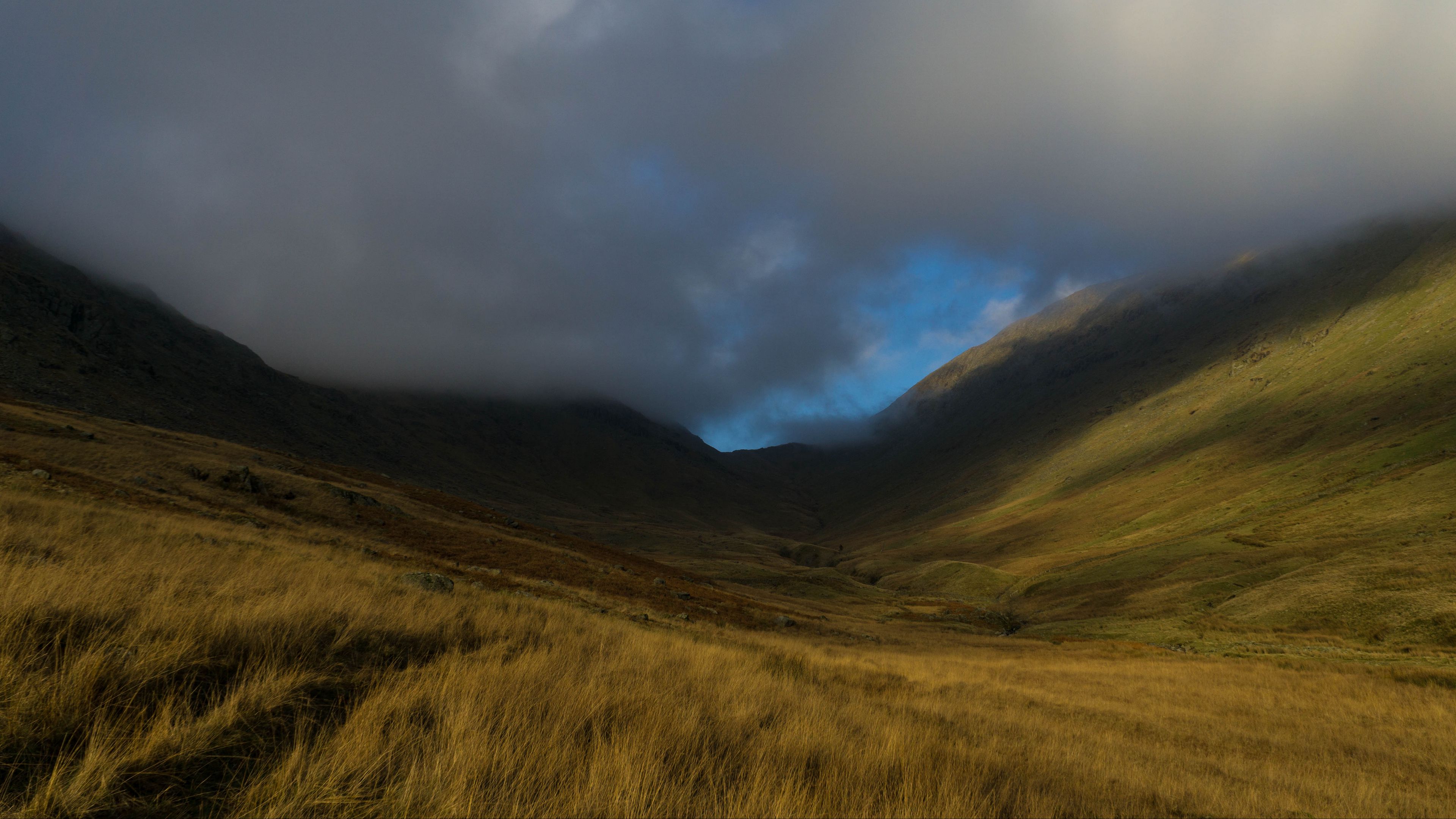 valley, hills, clouds, grass, landscape, 4k, HD Wallpaper