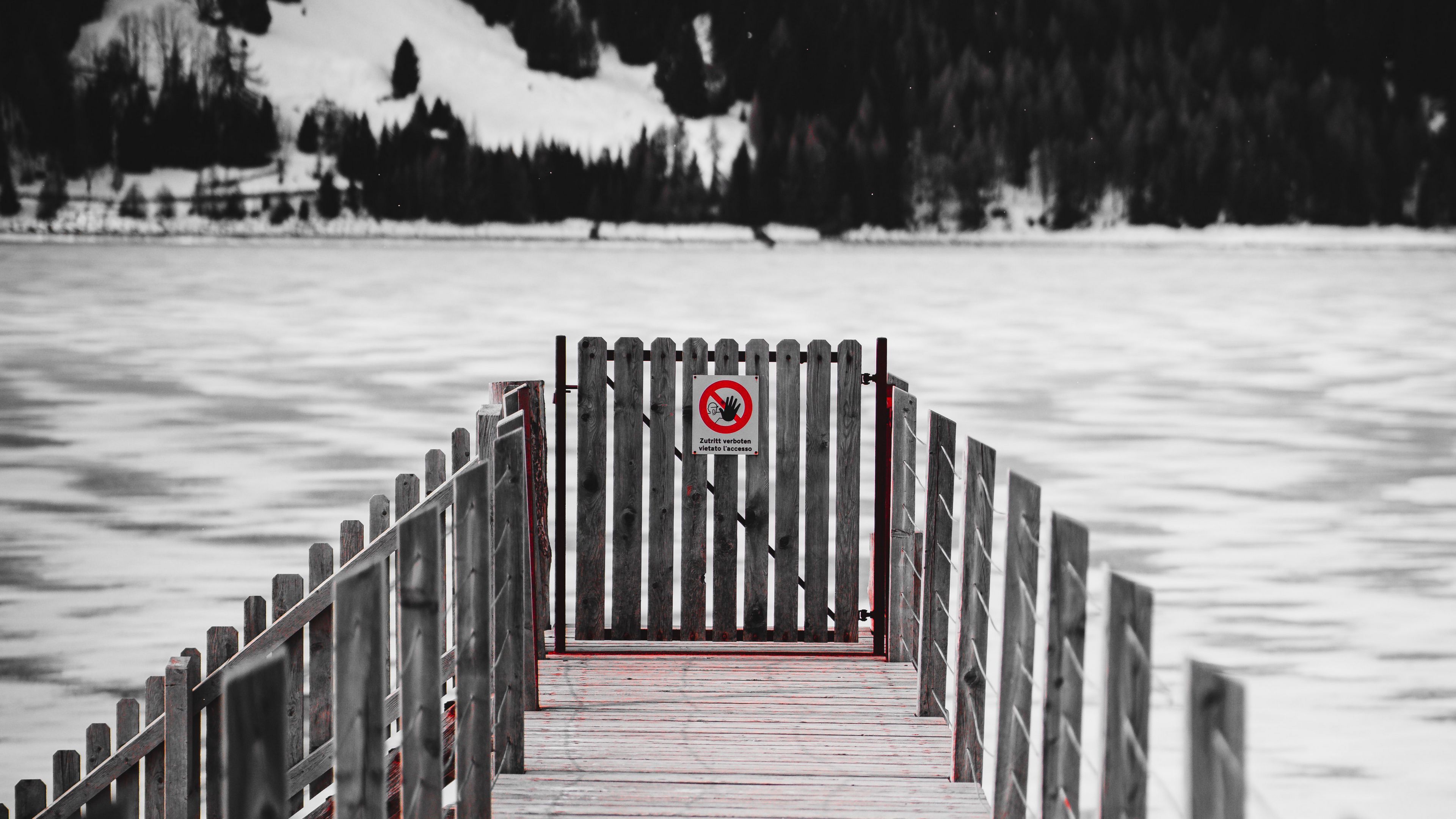 pier, fence, lake, ice, winter, 4k, HD Wallpaper