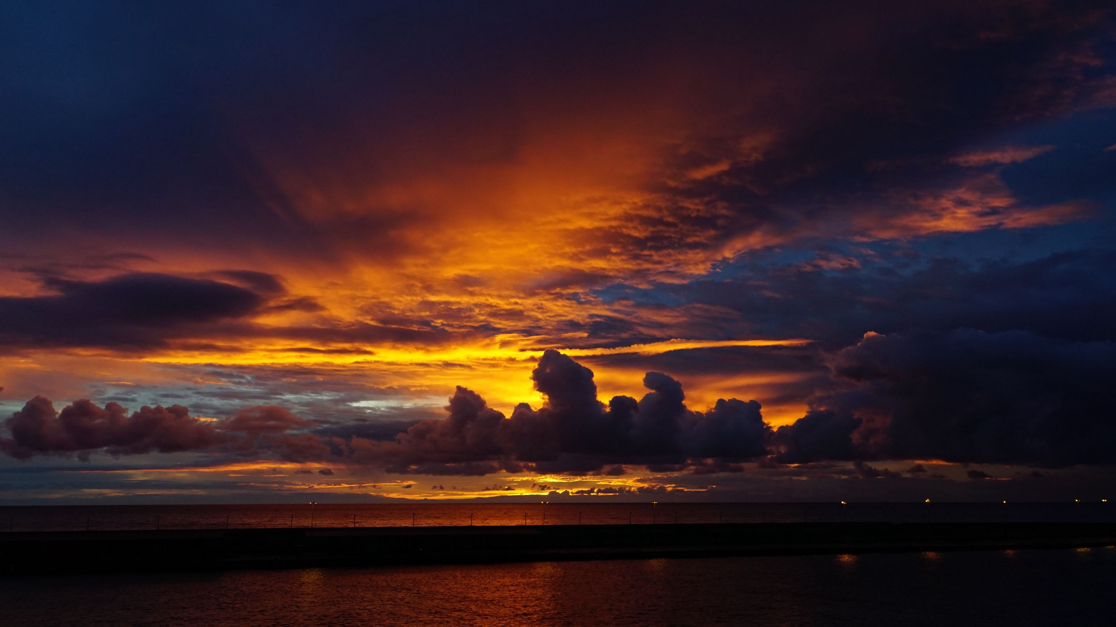 sunset, clouds, dark, sea, landscape, 4k, HD Wallpaper