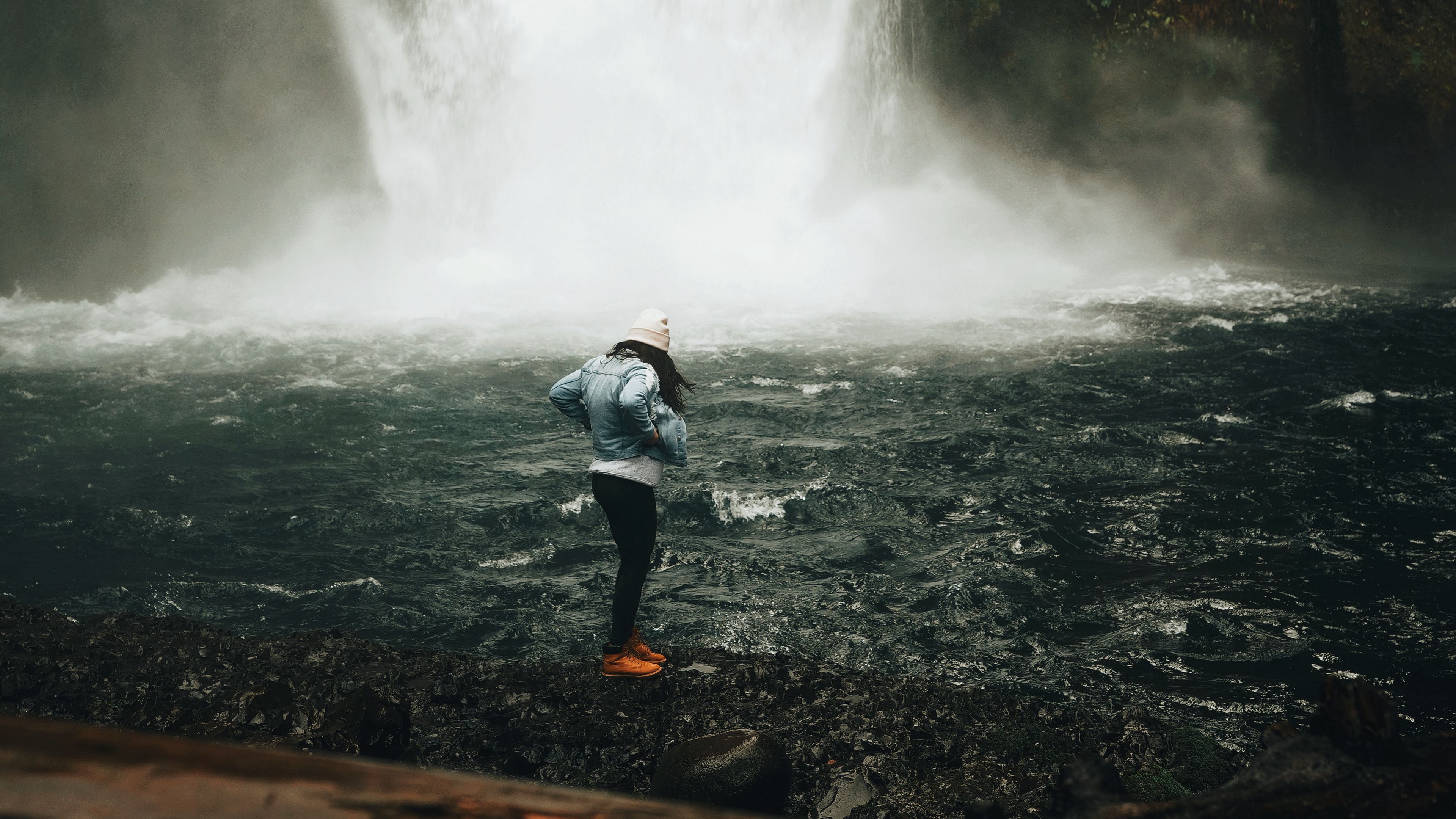 girl, waterfall, shore, alone, nature, 4k, HD Wallpaper