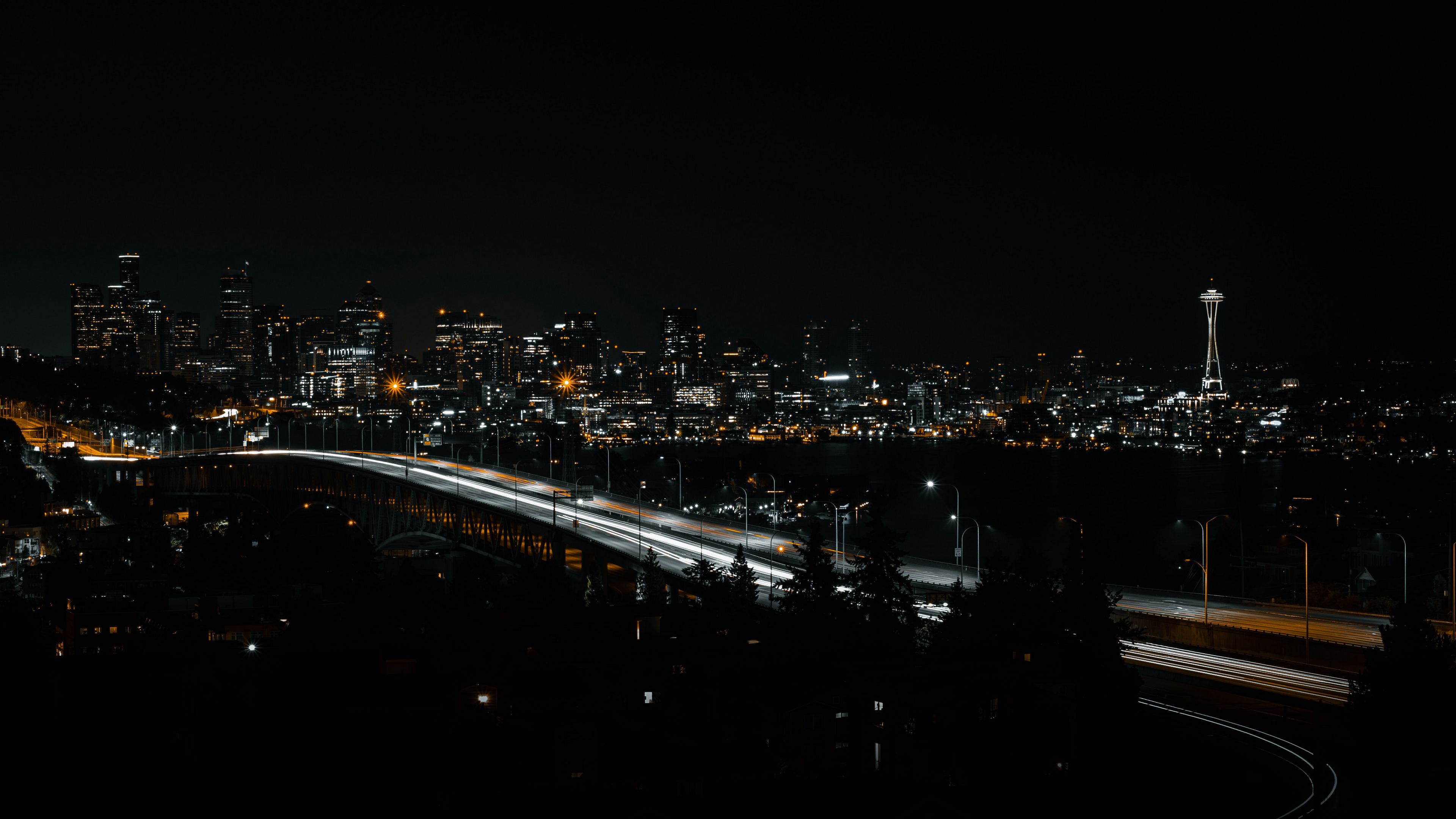 city, night, buildings, bridge, architecture, dark, 4k, HD Wallpaper