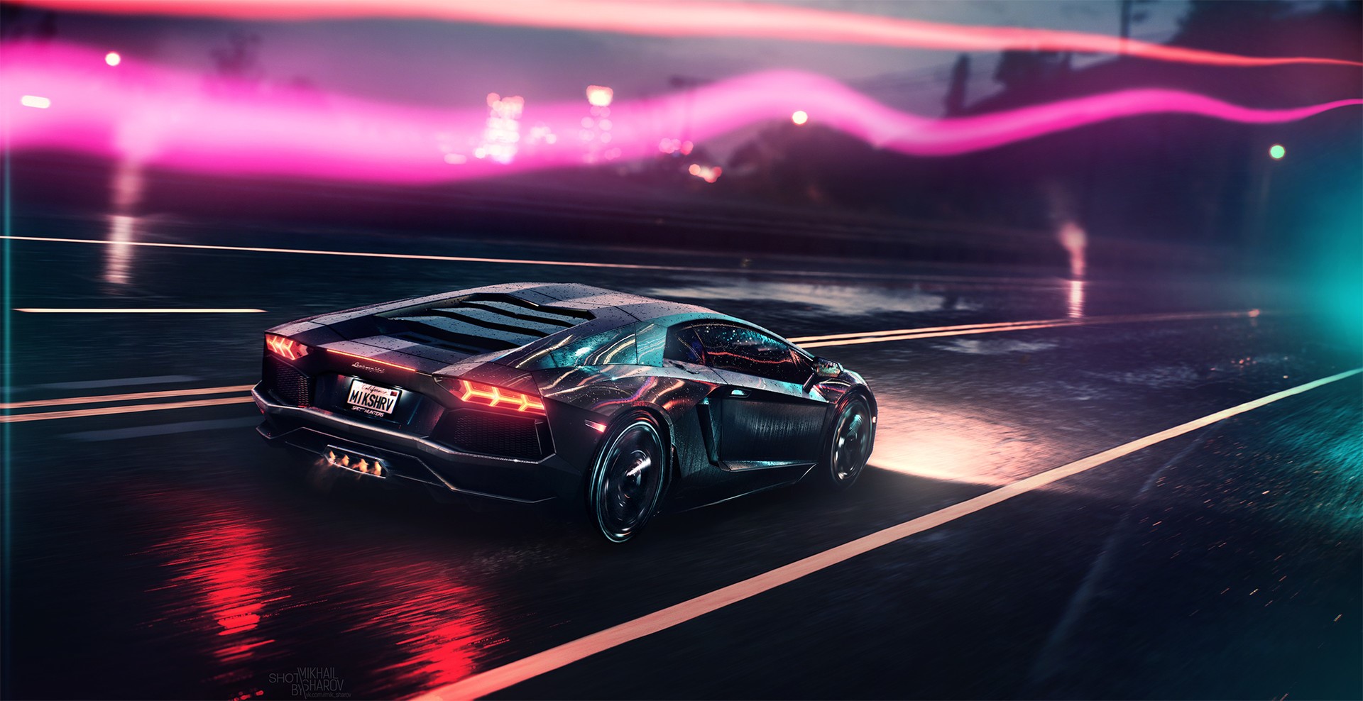 lamborghini, neon, cars, artwork, digital art, hd, HD Wallpaper
