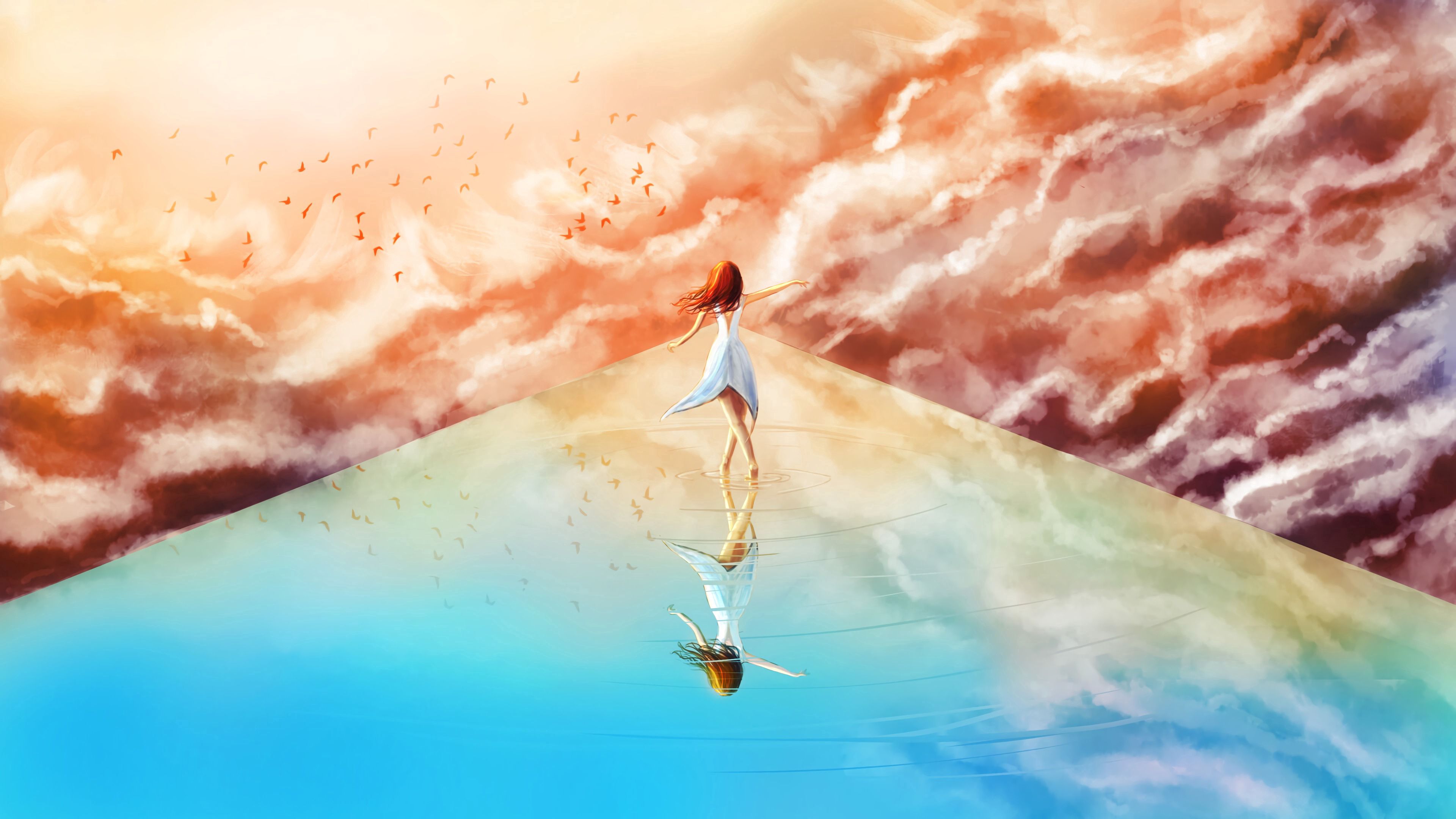 girl, clouds, birds, sky, art, 4k, HD Wallpaper