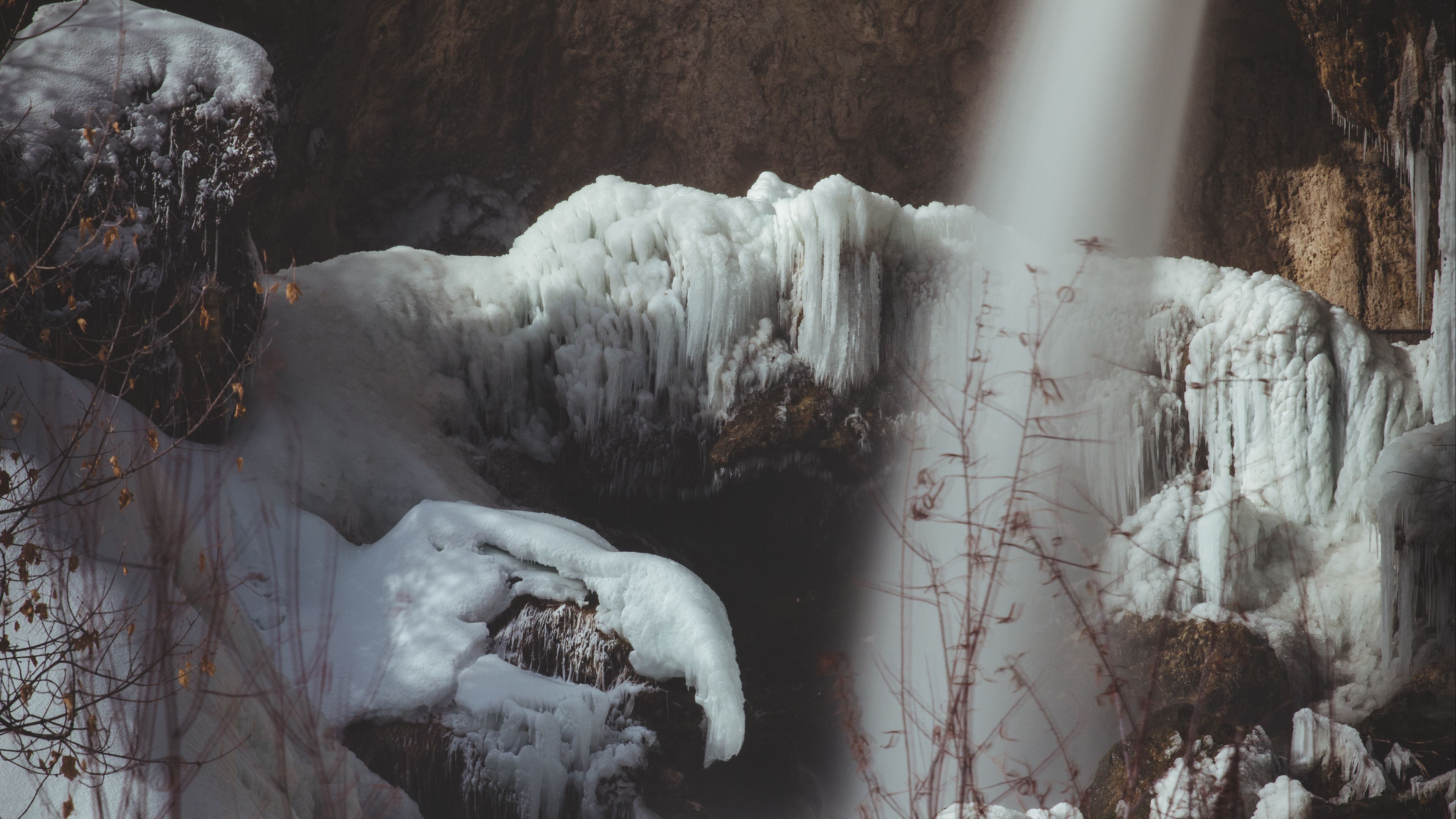 waterfall, ice, rocks, frost, winter, 4k, HD Wallpaper