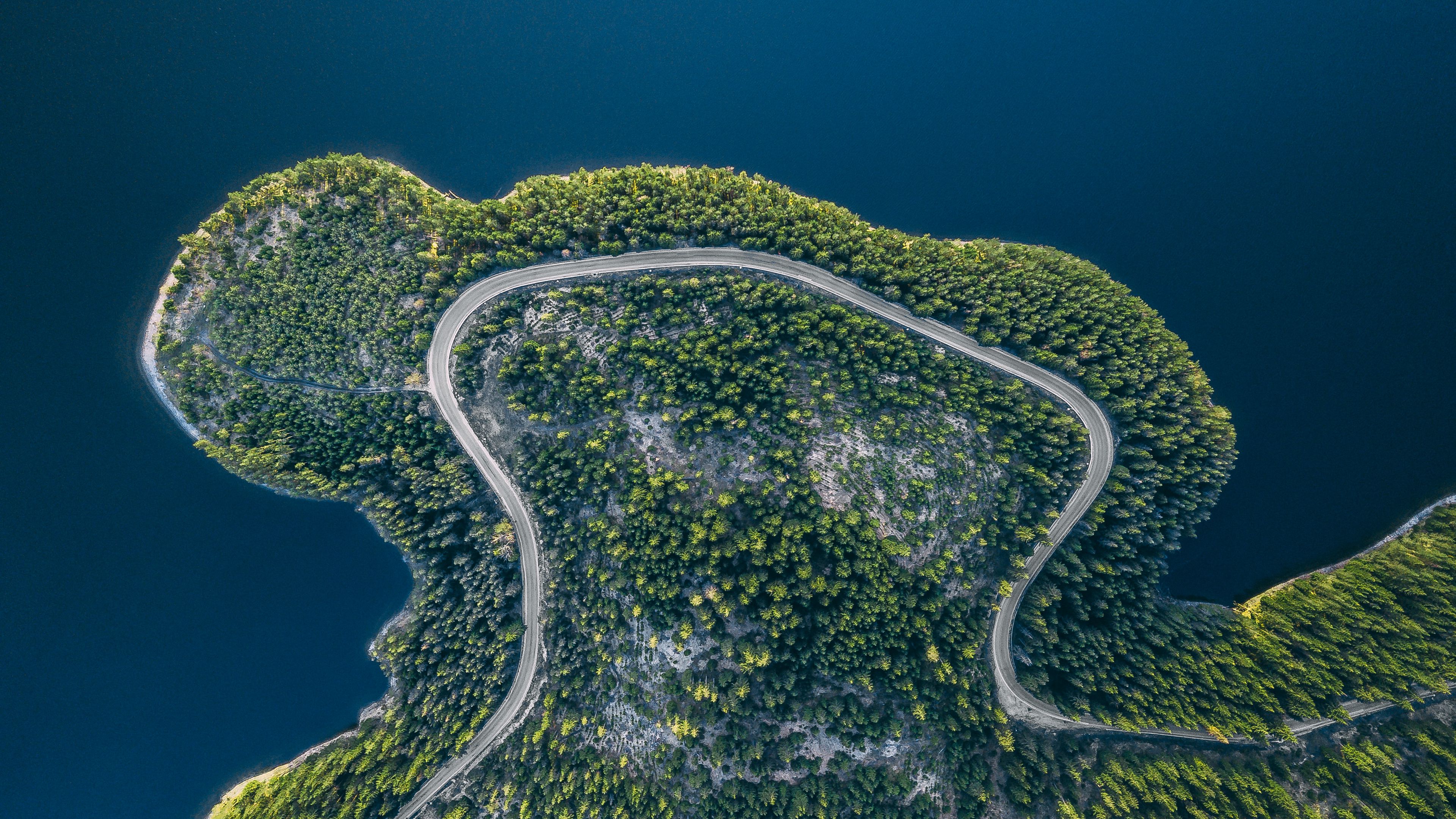 island, road, aerial view, water, land, 4k, HD Wallpaper