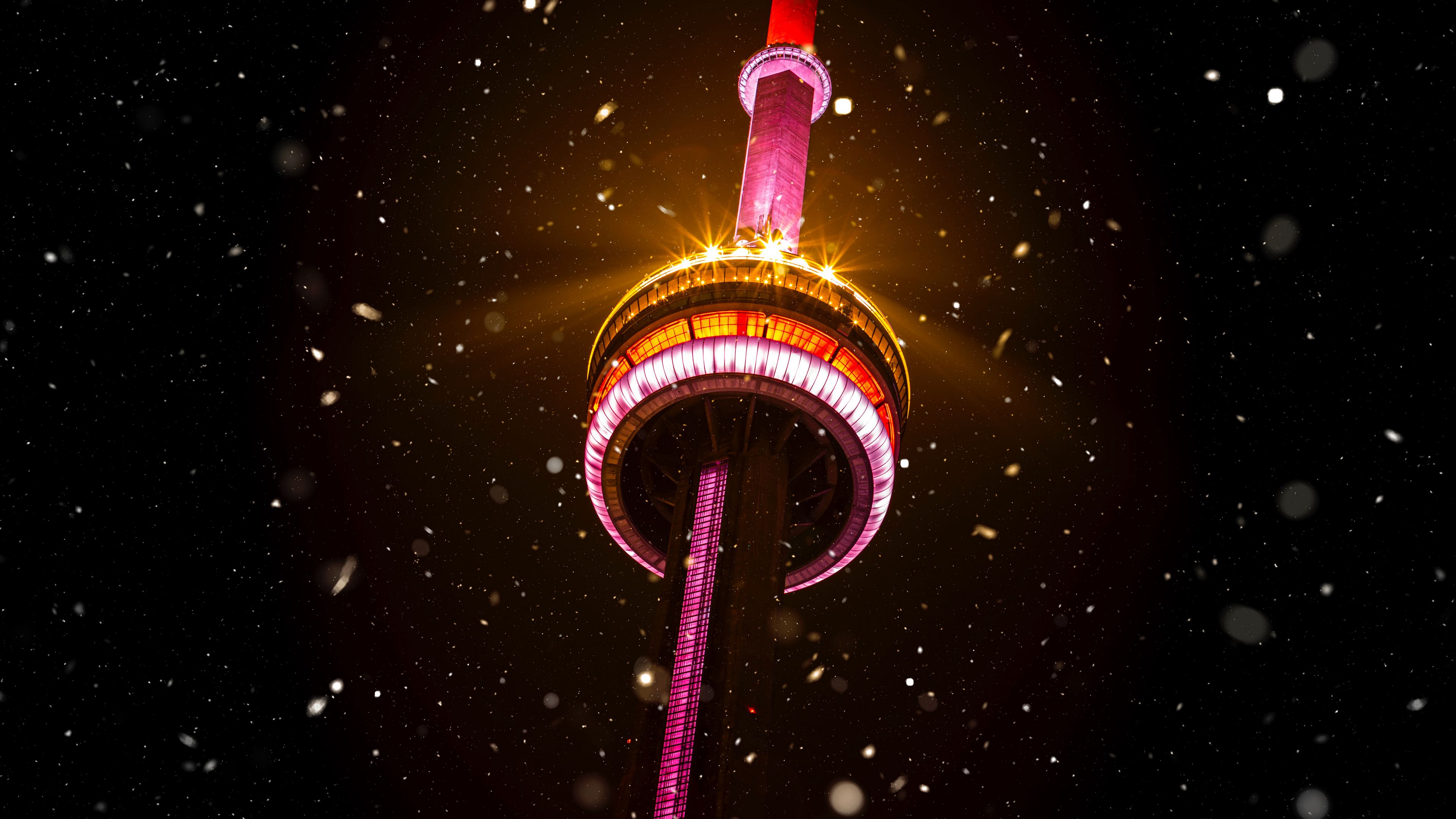 tower, building, light, snow, night, 4k, HD Wallpaper