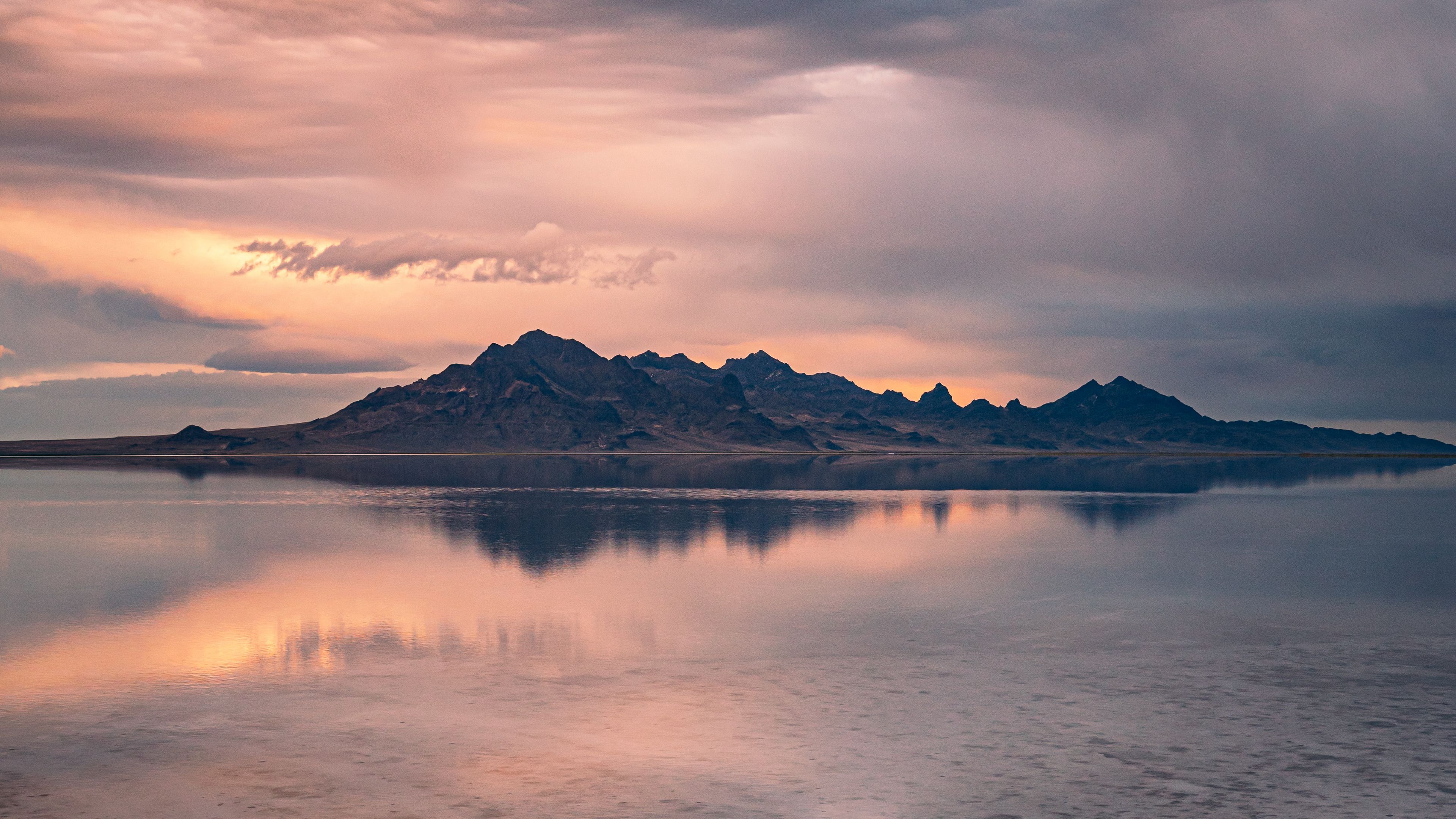 mountains, shore, water, landscape, dusk, 4k, HD Wallpaper