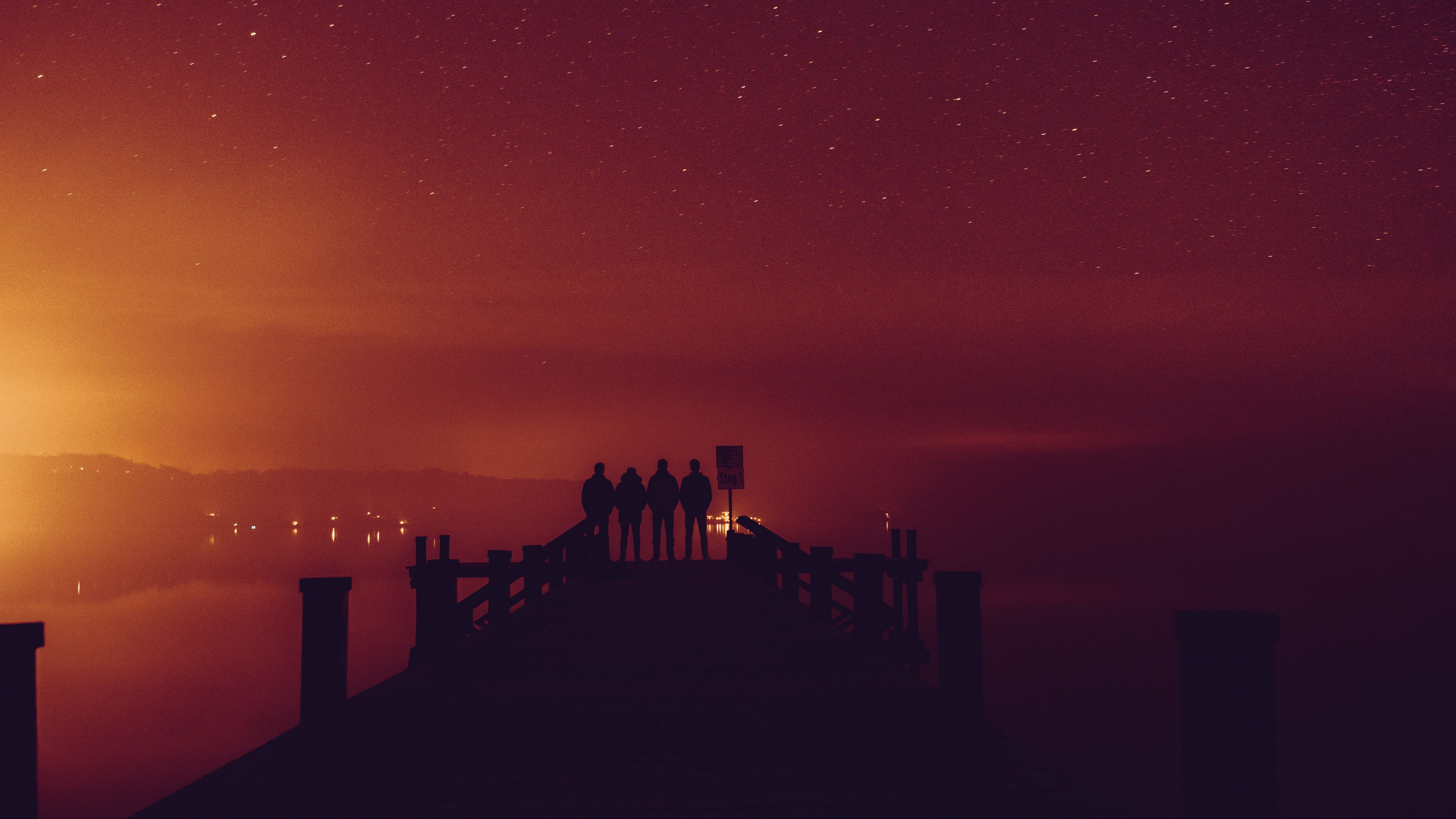 pier, silhouettes, dark, night, fog, 4k, HD Wallpaper