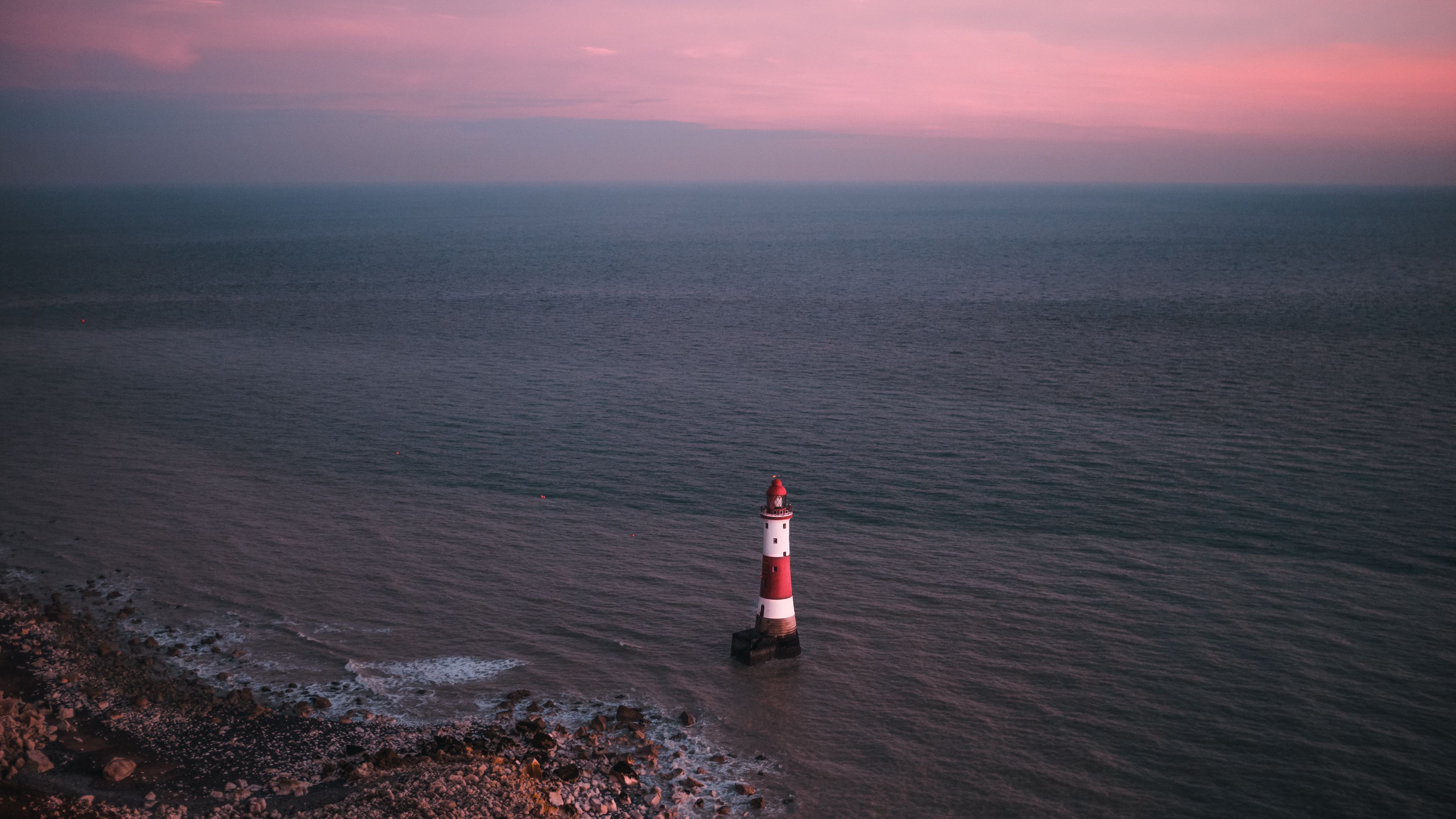 lighthouse, sea, aerial view, coast, water, 4k, HD Wallpaper