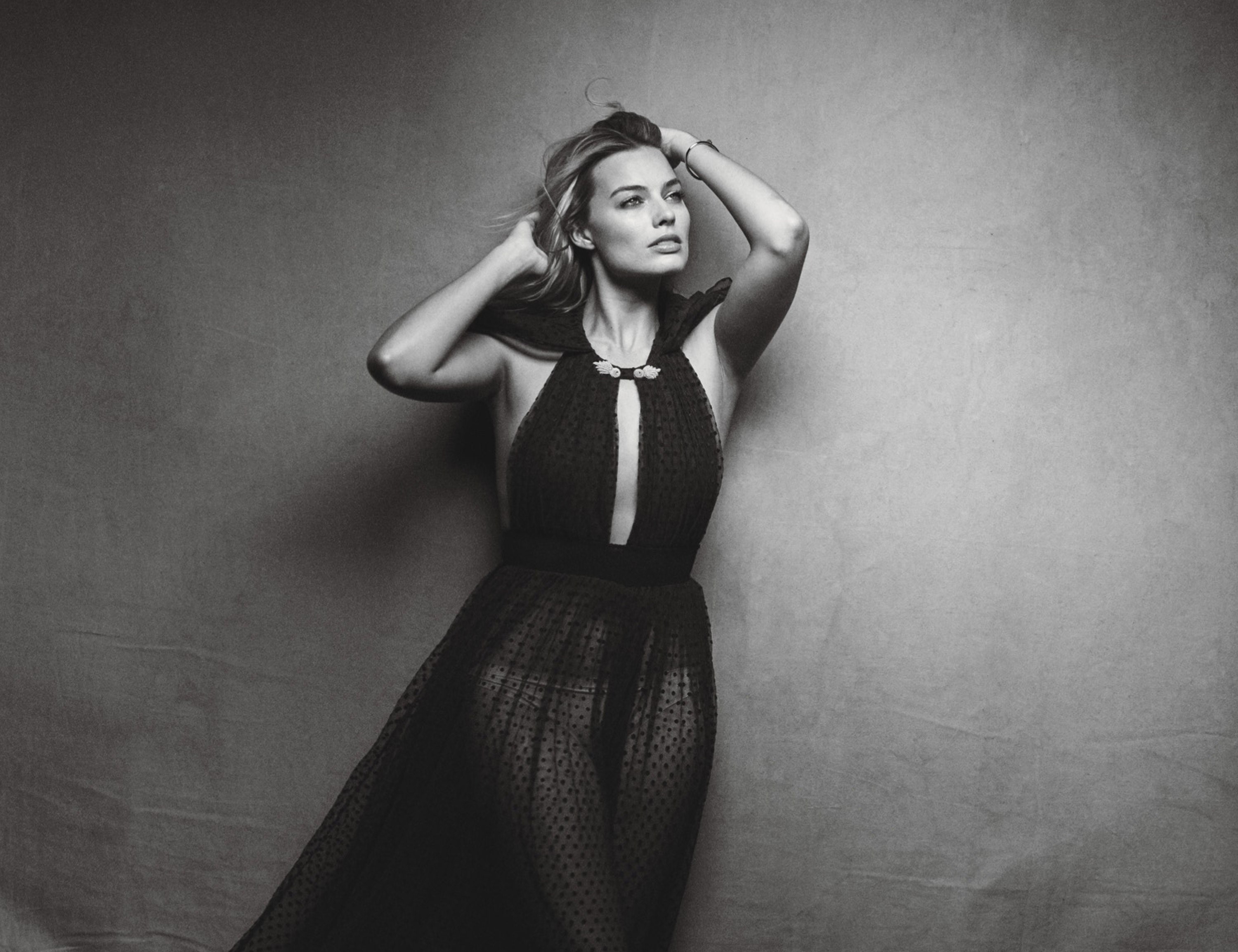 margot robbie, celebrities, girls, monochrome, black and white, hd, HD Wallpaper