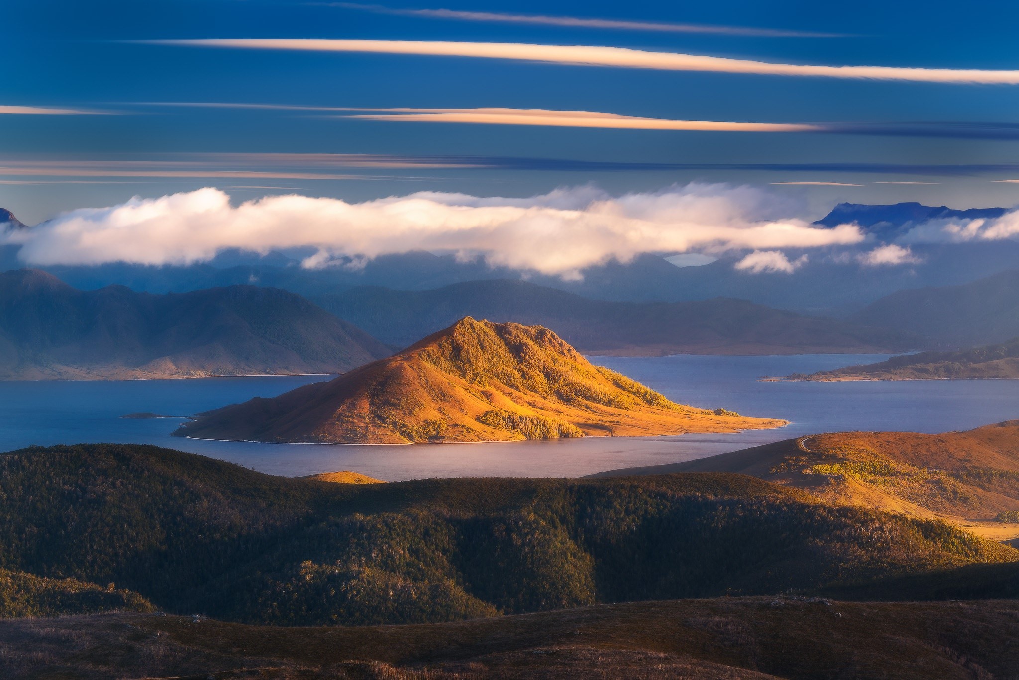 clouds, island, lake, nature, landscape, hd, HD Wallpaper
