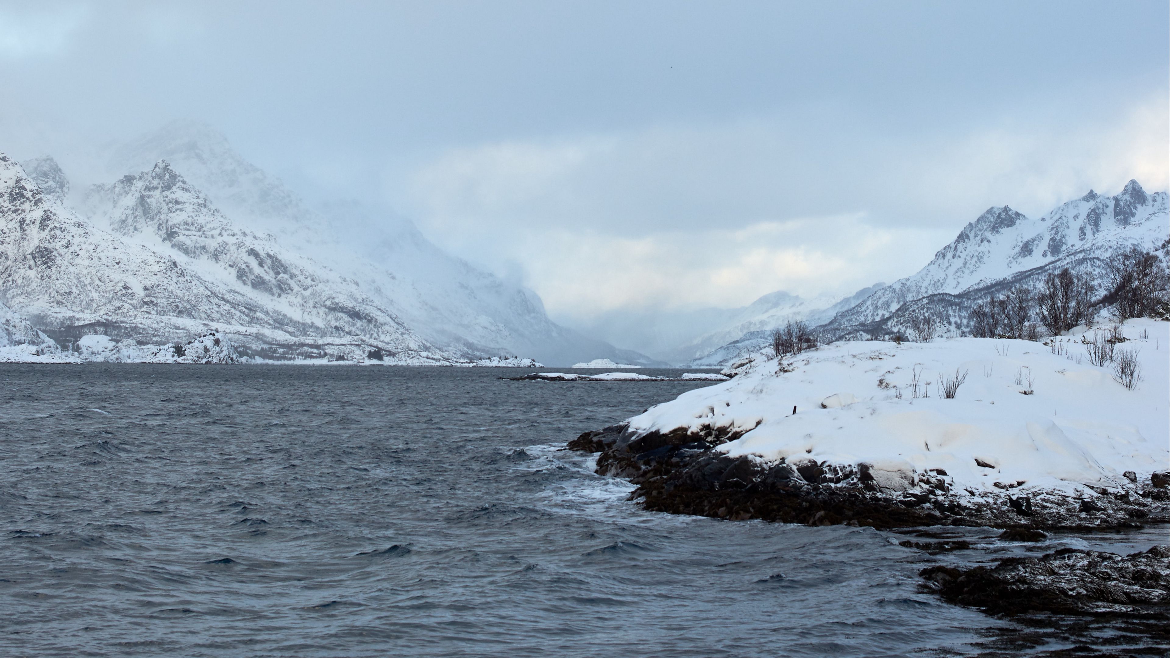 shore, mountains, snow, water, landscape, 4k, HD Wallpaper