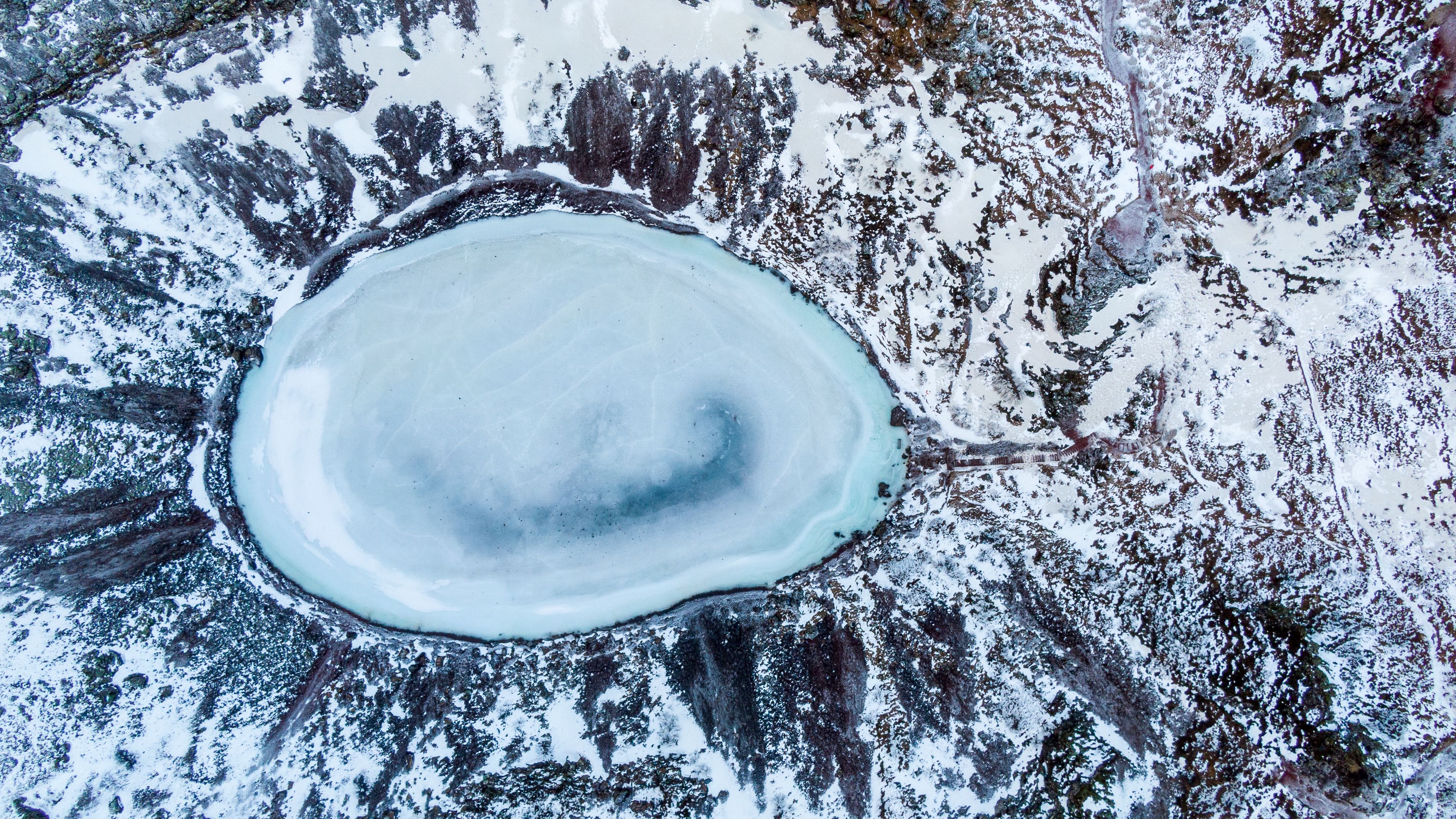 lake, ice, aerial view, winter, landscape, 4k, HD Wallpaper