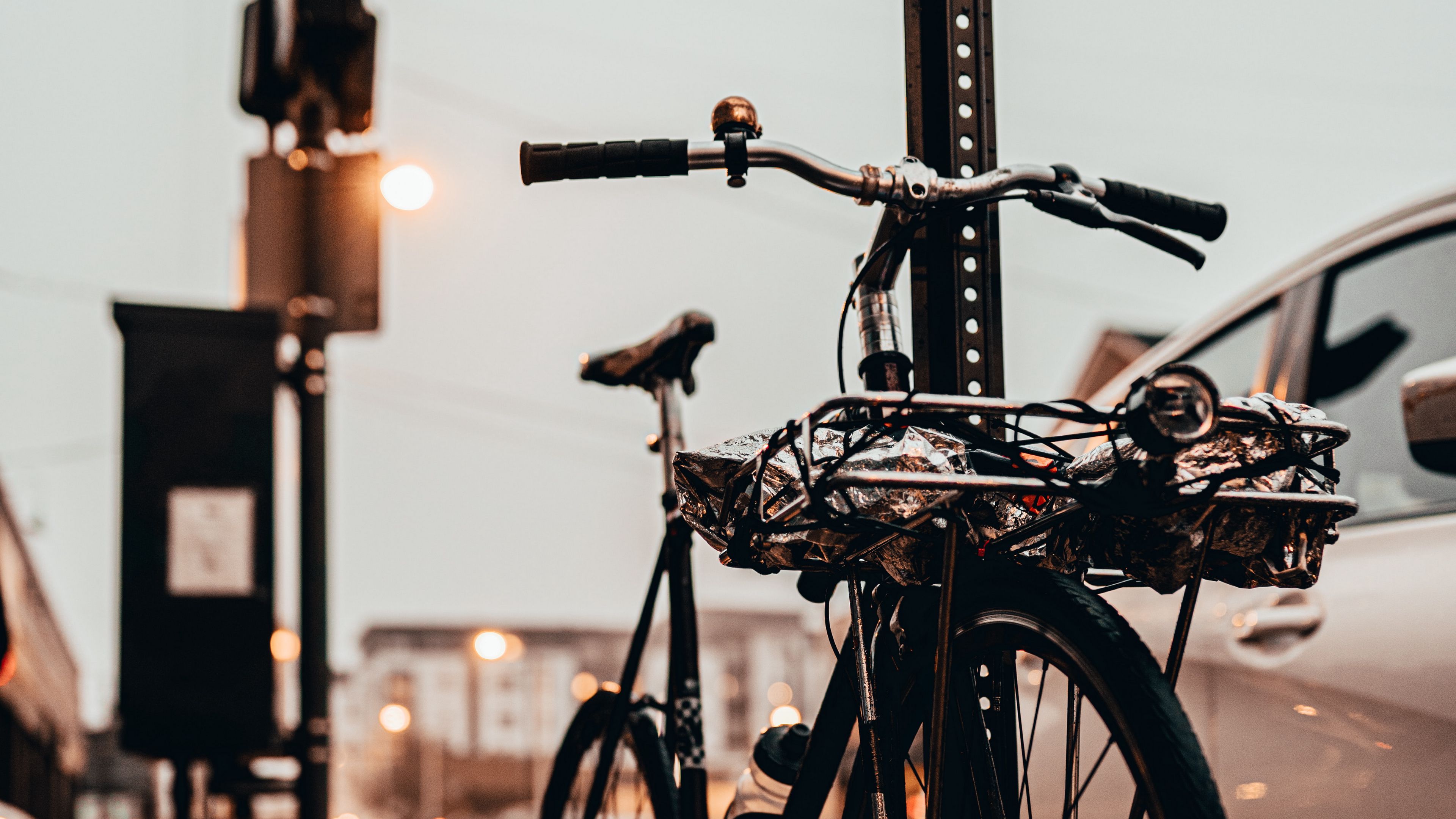 bicycle, black, sidewalk, street, city, 4k, HD Wallpaper