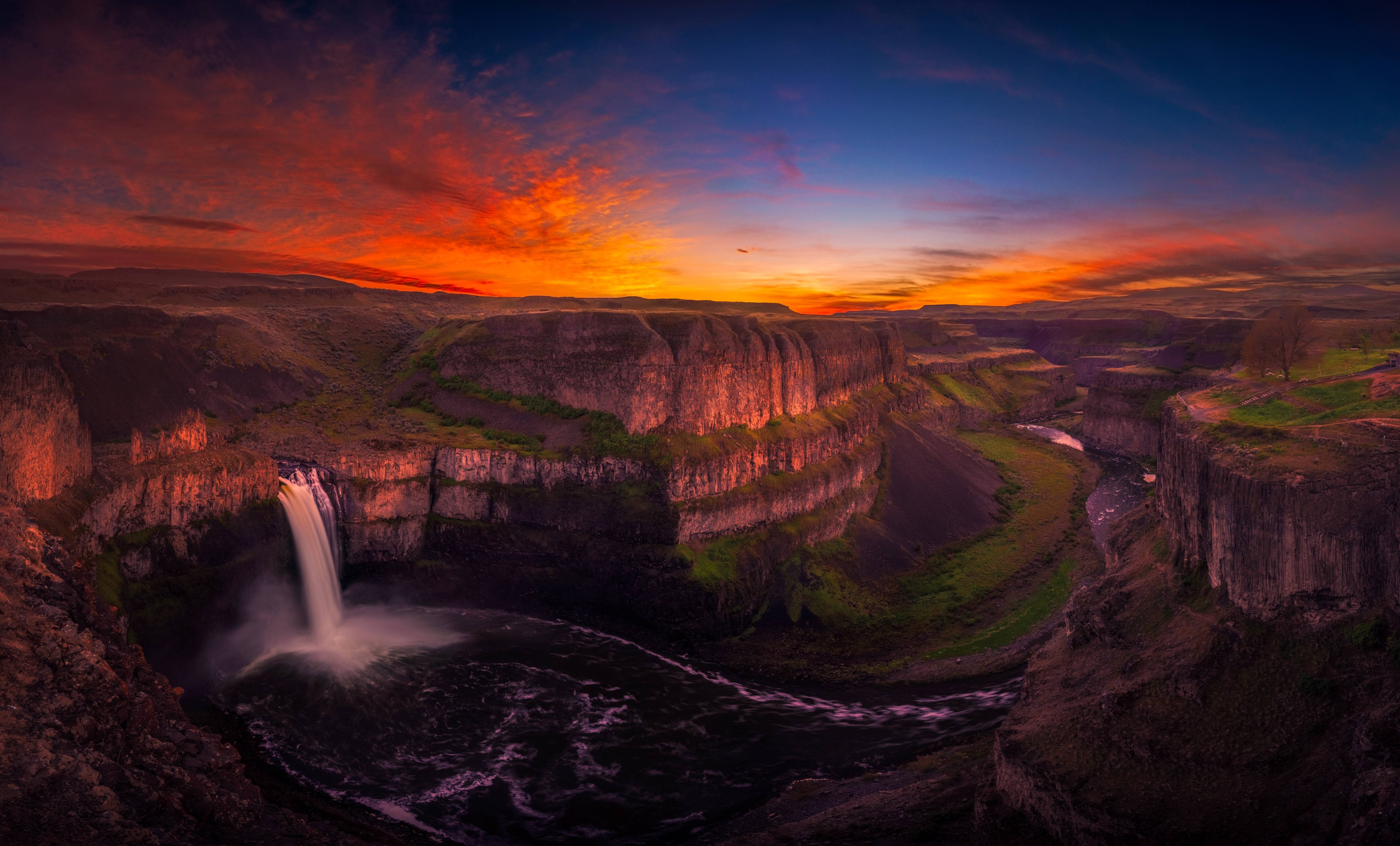waterfall, nature, sunset, clouds, HD Wallpaper